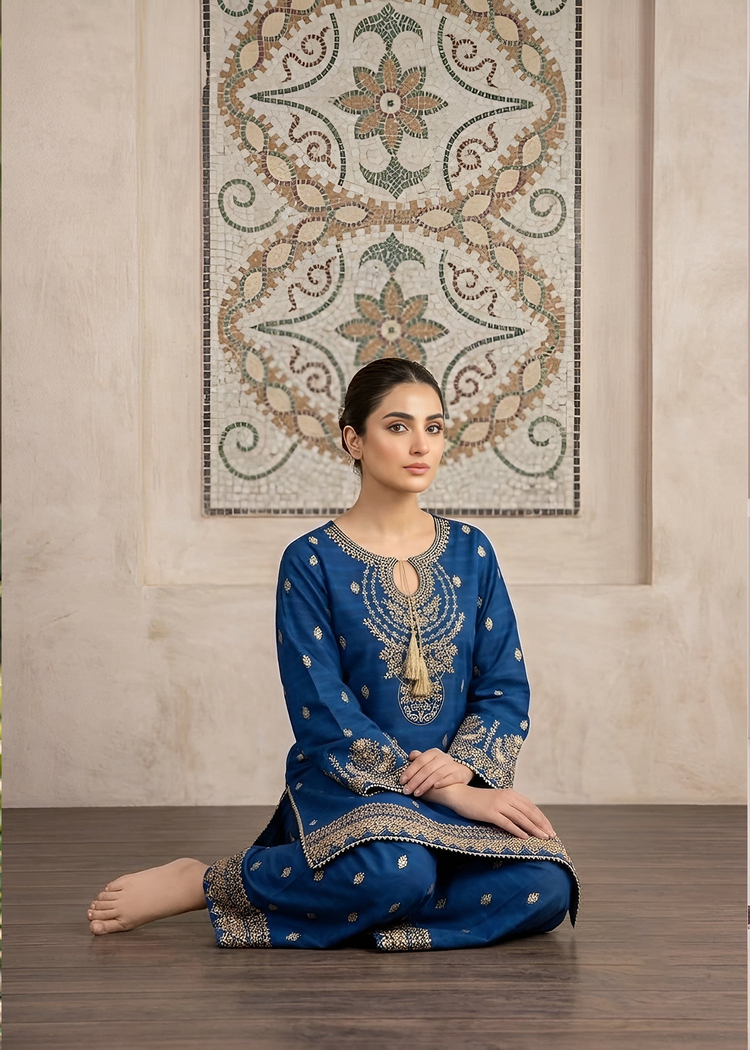 cotton jacquard Kurta Set in Royal blue