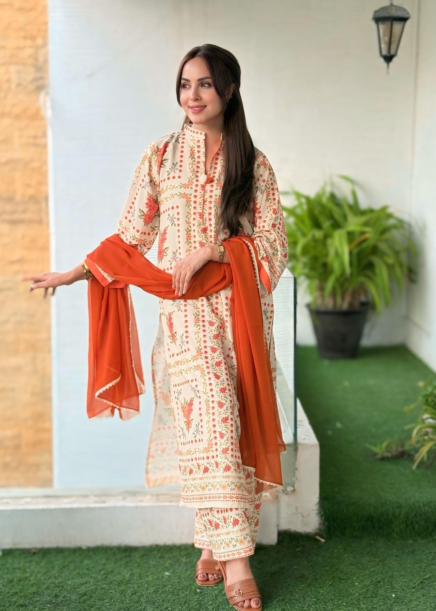 blended khaddar Co Ord Sets in Orange, beige