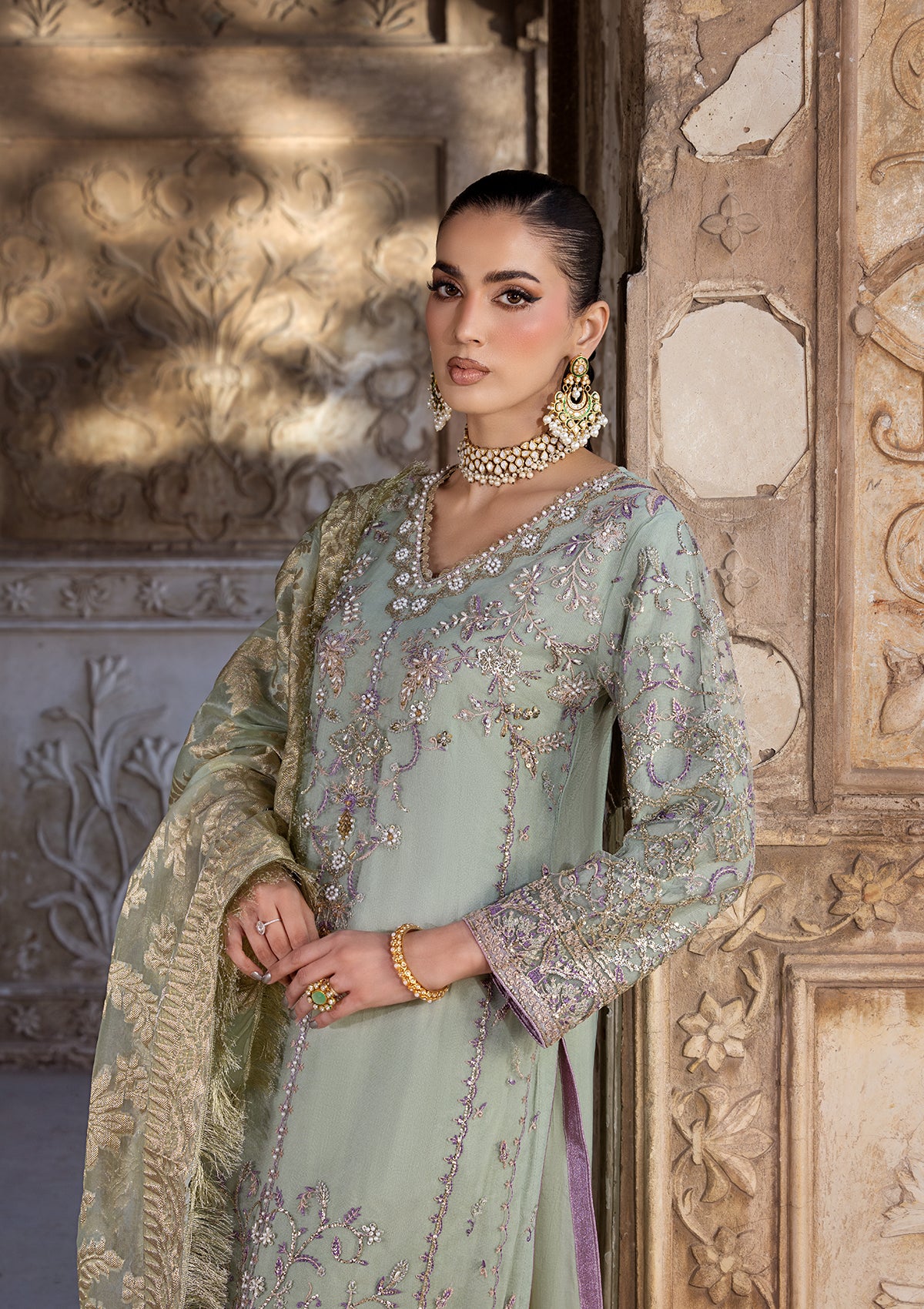 net Kurta Set in Moss green