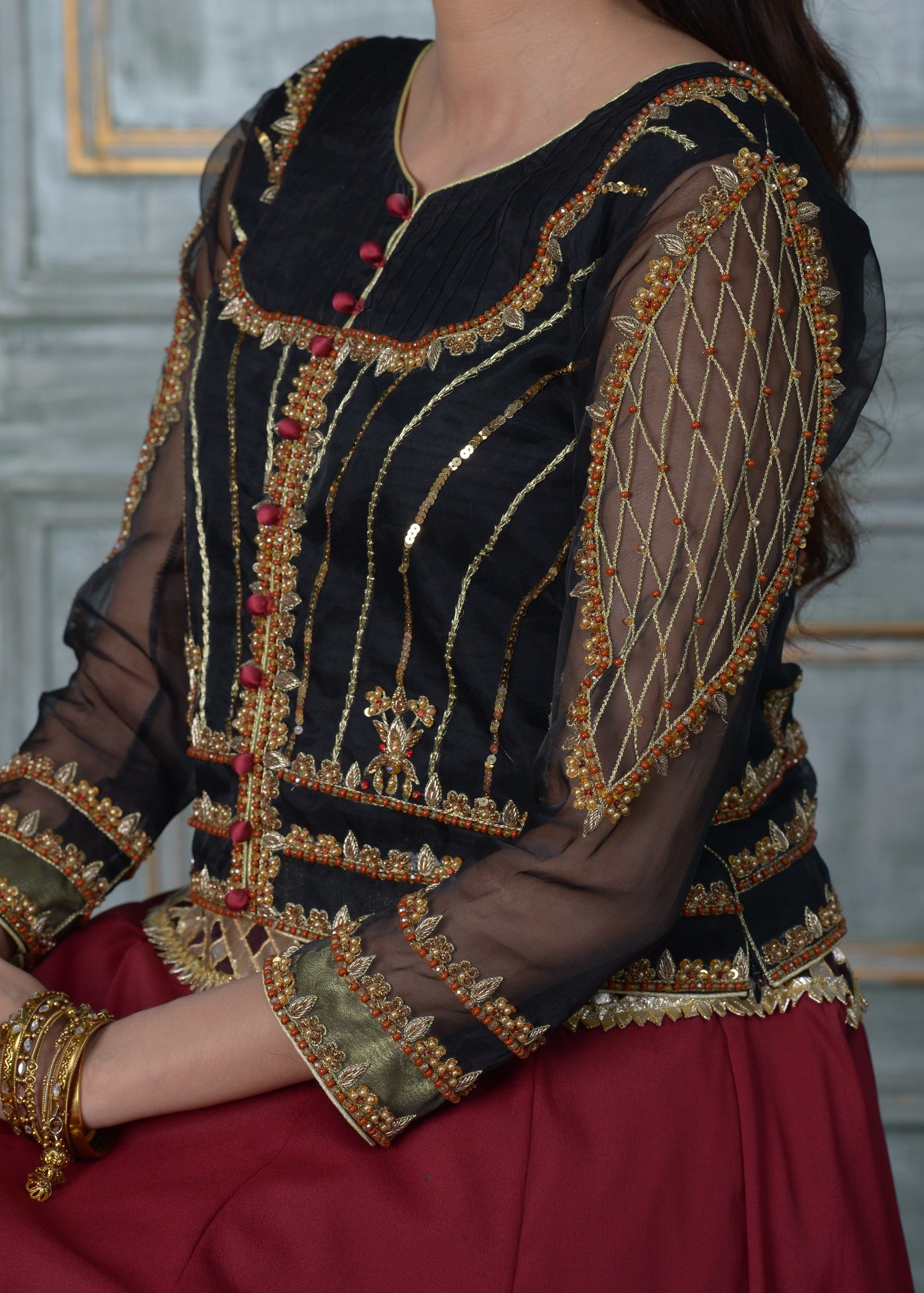 organza Lehenga in Black, maroon