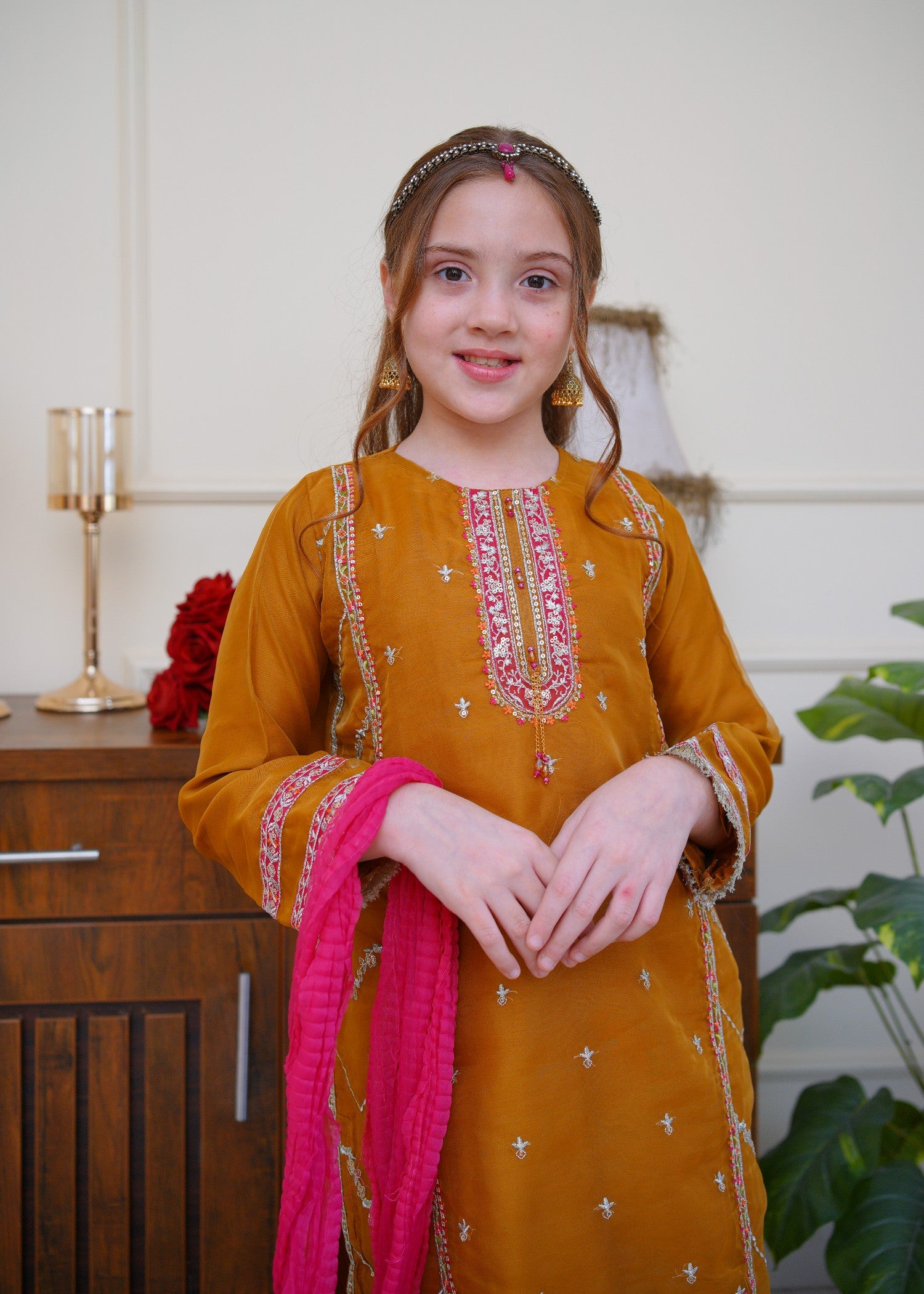 organza Gharara in Mari gold