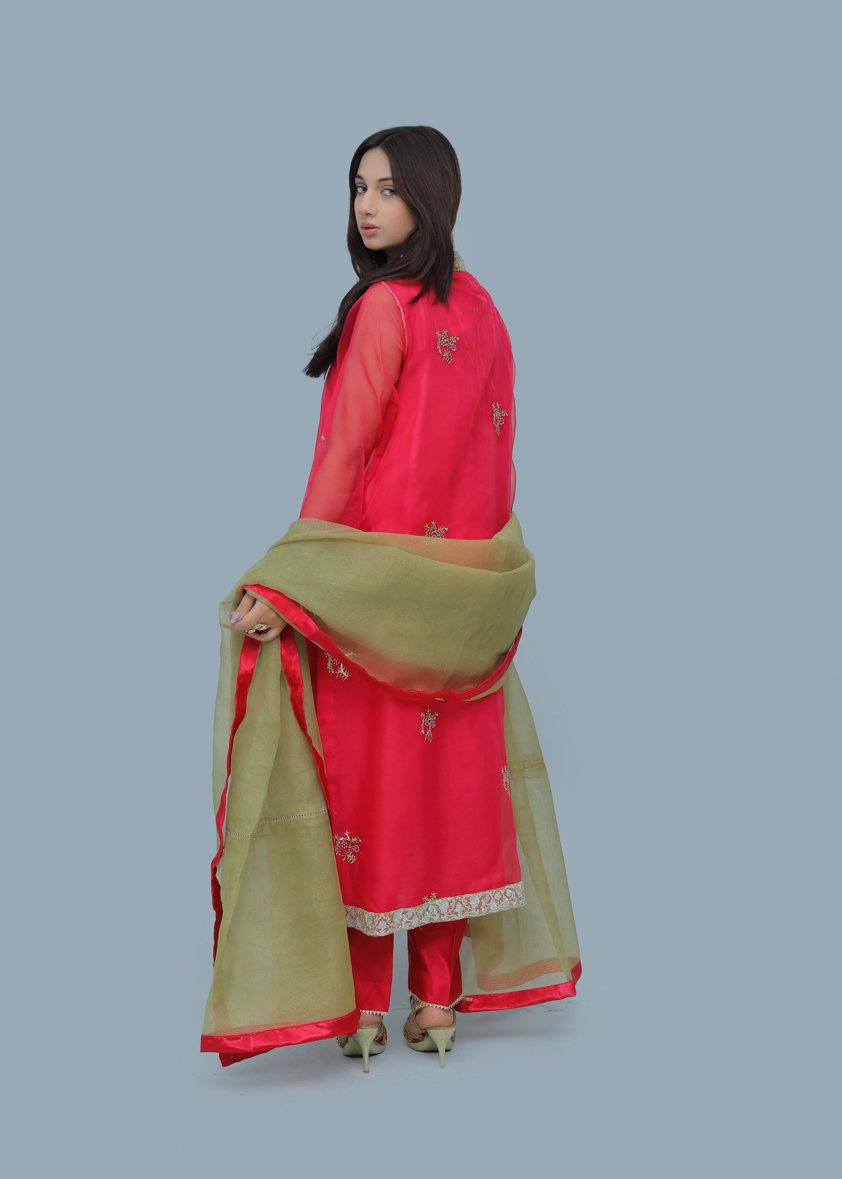 organza Kurta Set in Hot pink red