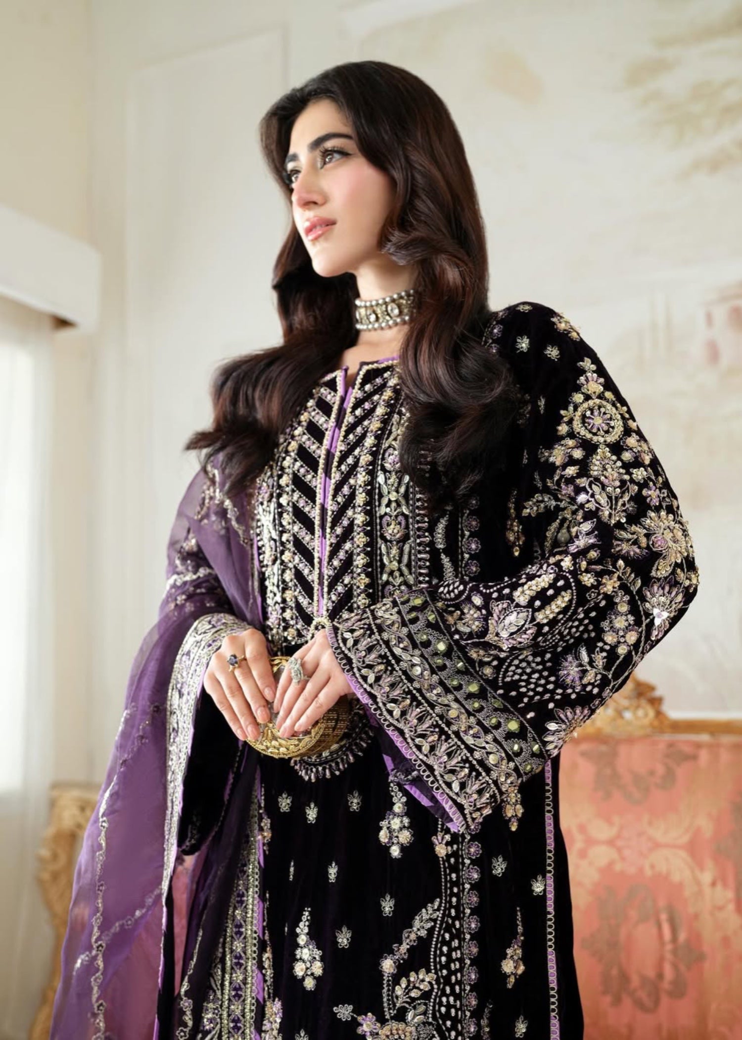 velvet Kurta Set in Plum purple