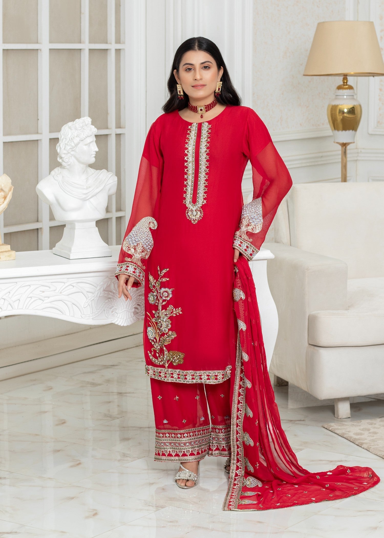 polyester chiffon Kurta Set in Imperial red
