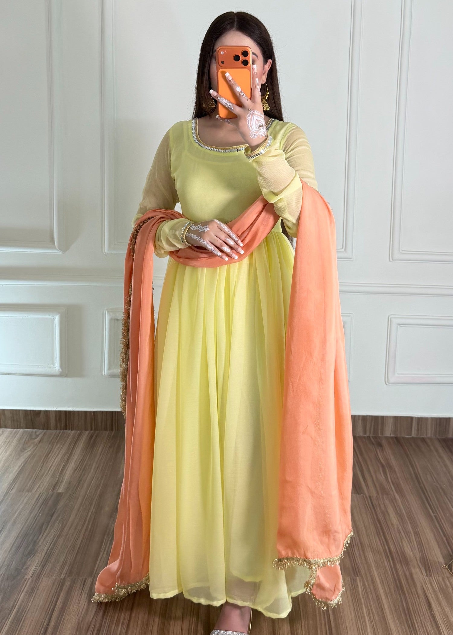 bemberg crinkle chiffon Maxi in Peach pink, pale yellow