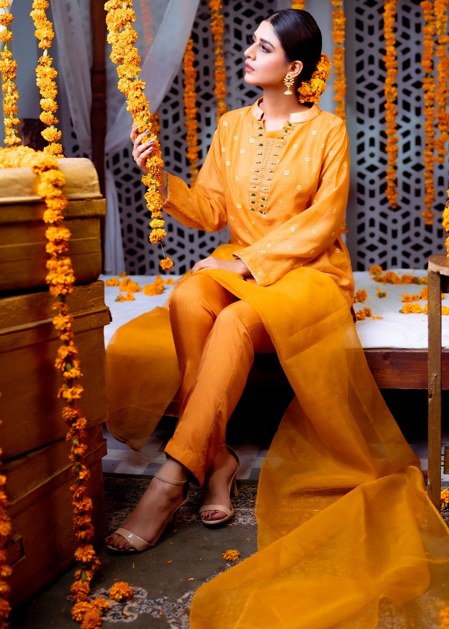 khaddi net Kurta Set in Pumpkin orange