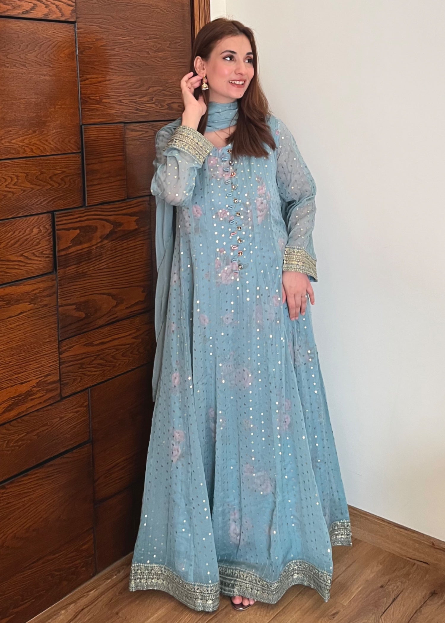 chiffon Pishwas in Ice blue