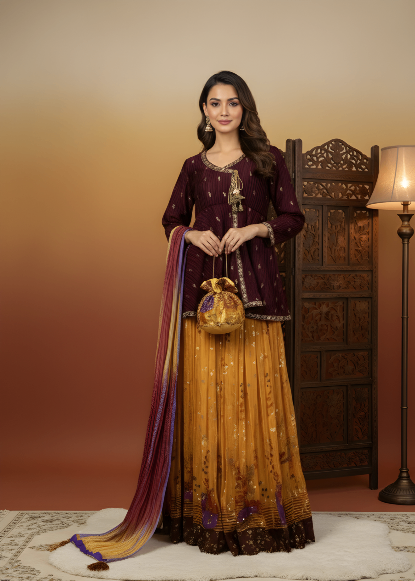 silk Lehenga in Yellow, maroon, orange
