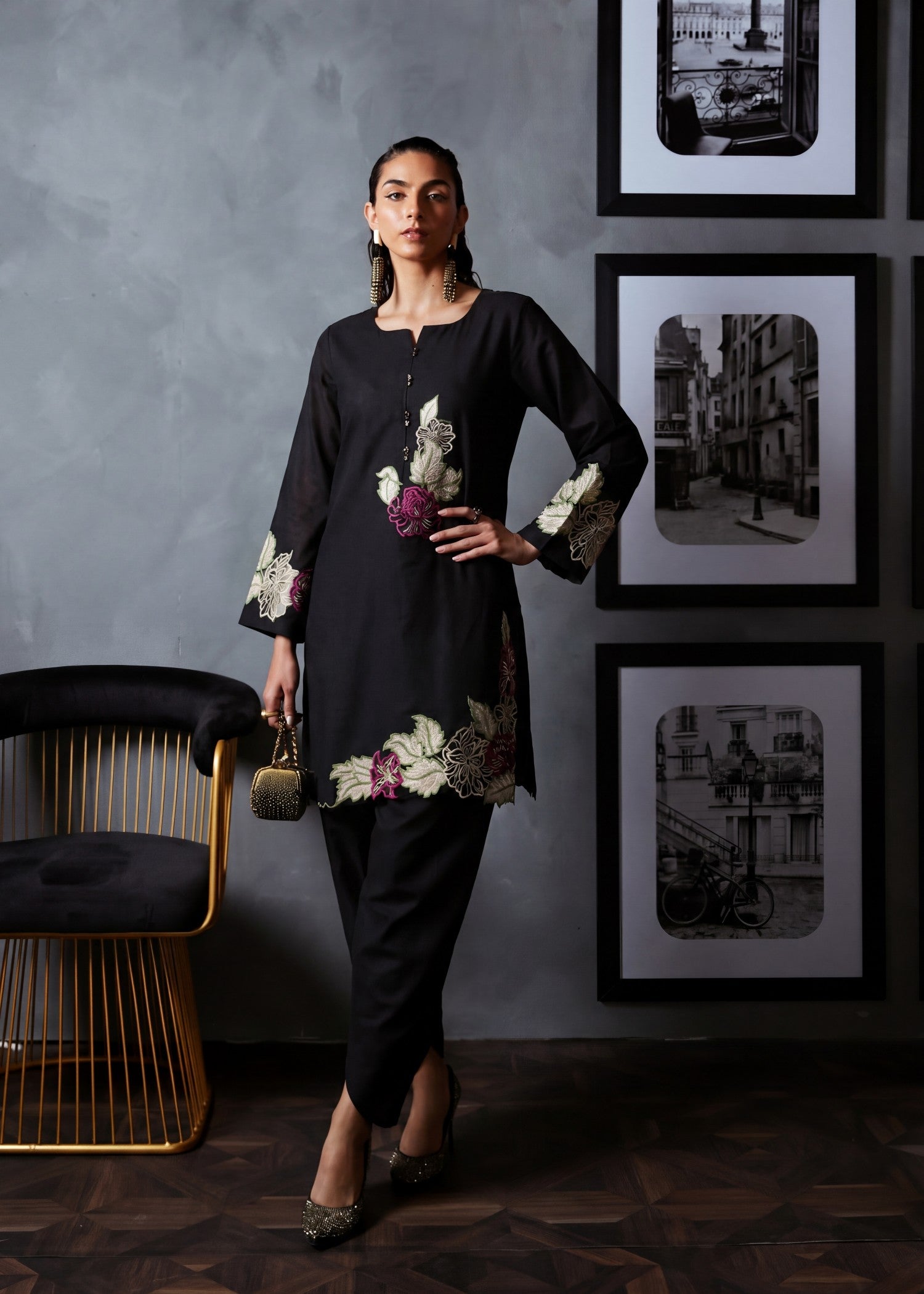 textured lawn Kurta Set in Black