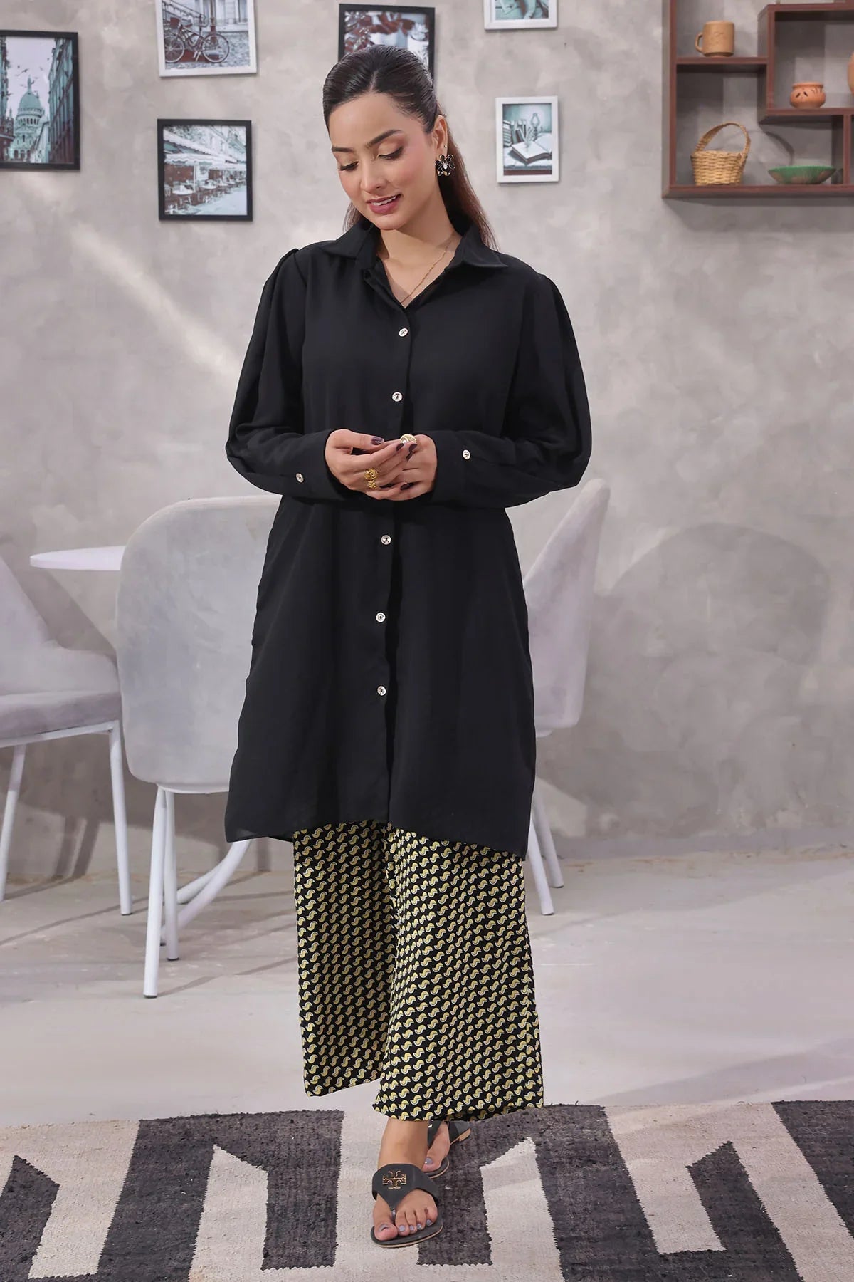 polyester georgette Kurta Set in Jet black