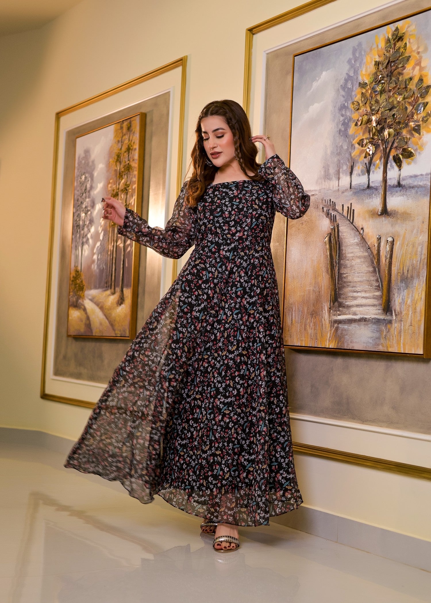 polyester chiffon Maxi in Multi, black