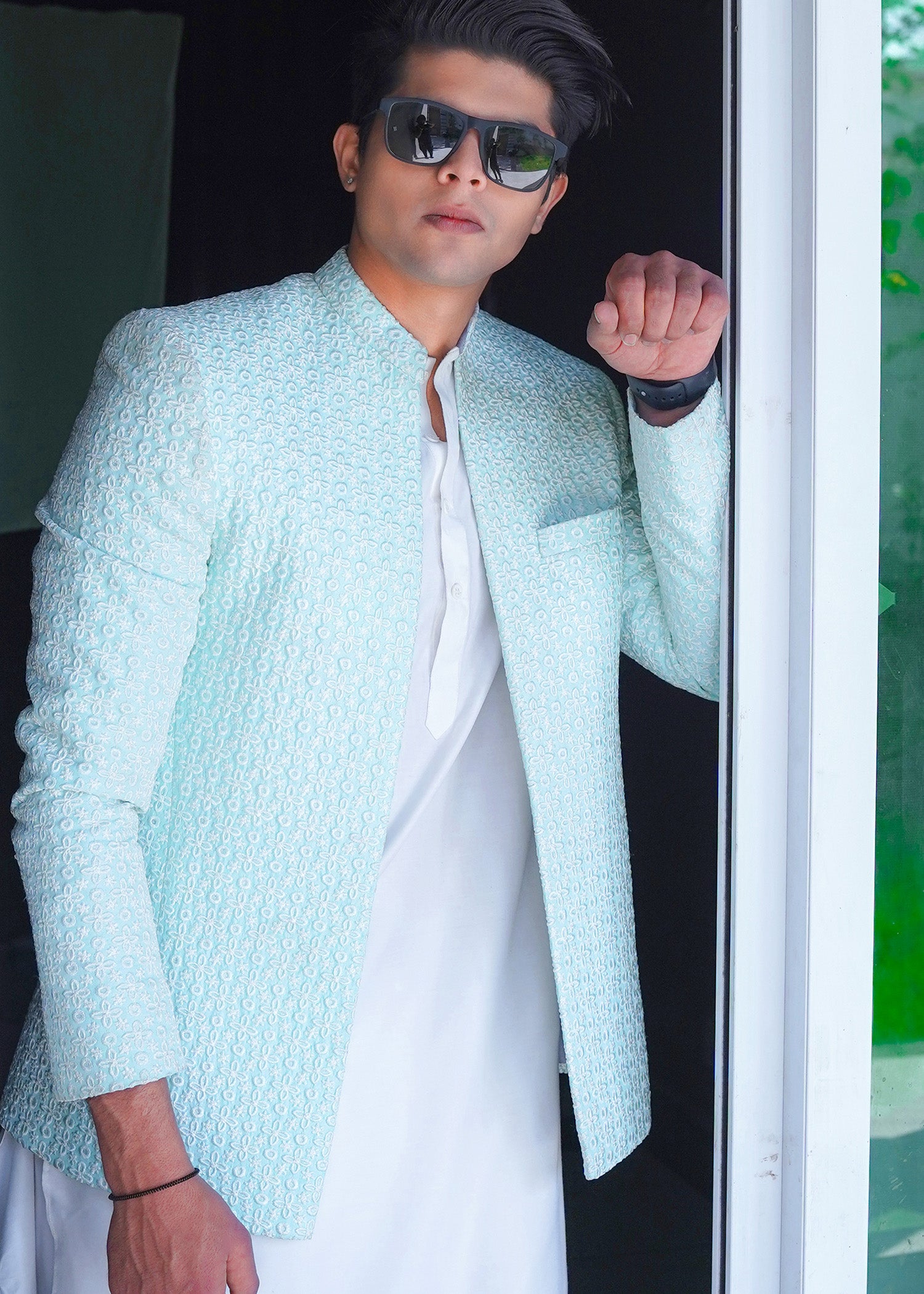 raw silk Prince Coat in Powder blue