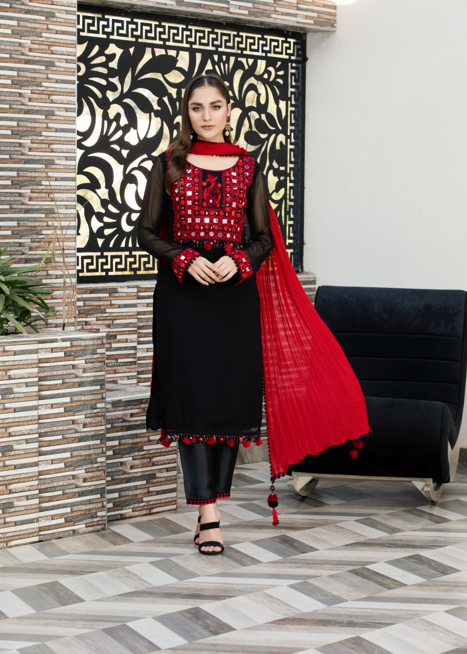 crinkle Kurta Set in Black