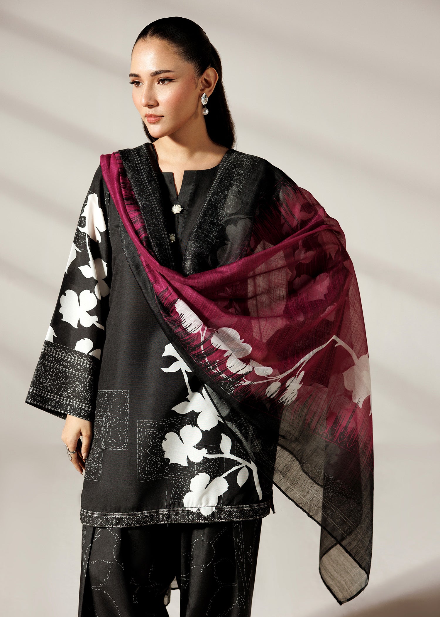 silk finish lawn Kurta Set in Black