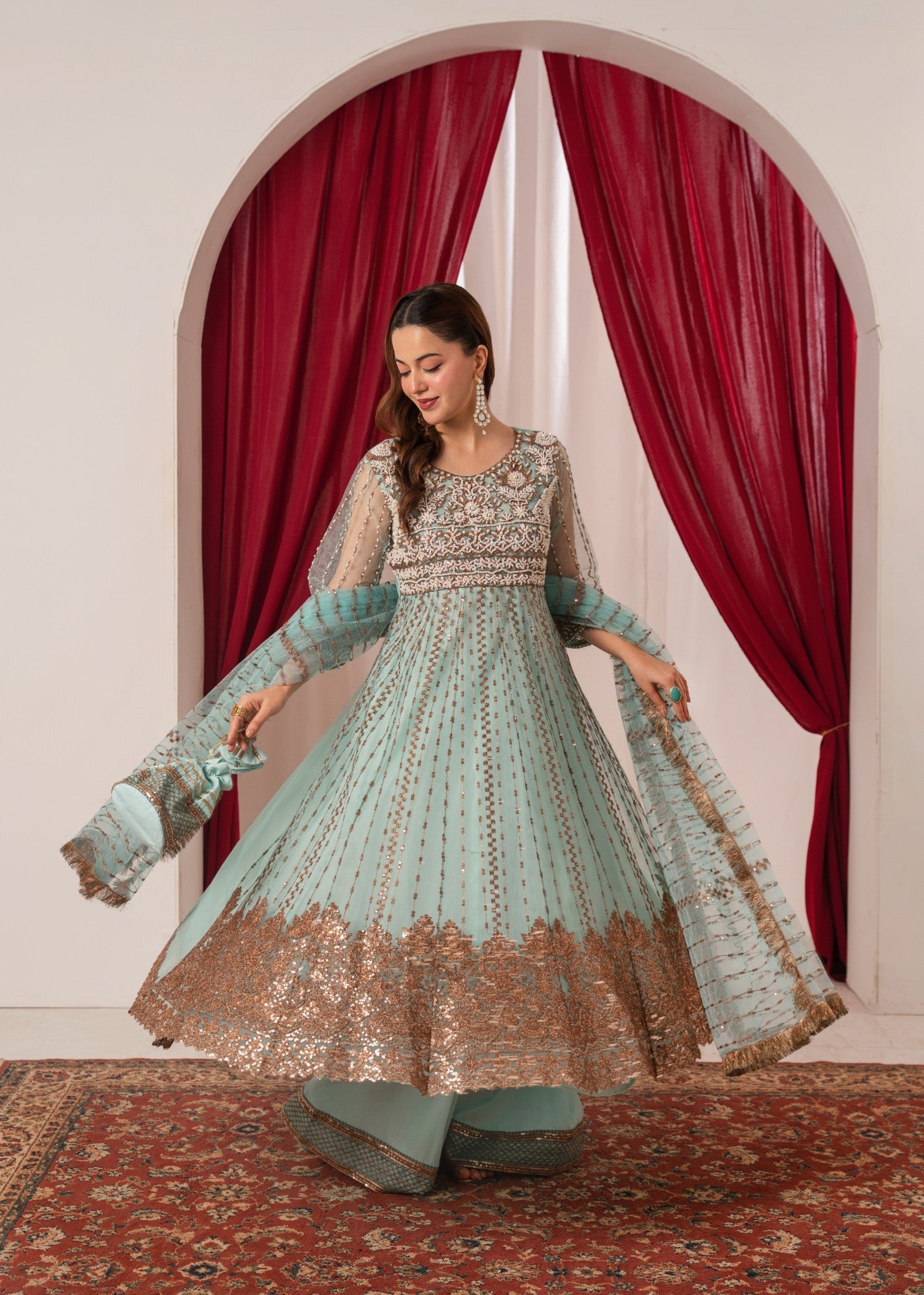 zari net Anarkali in Light blue