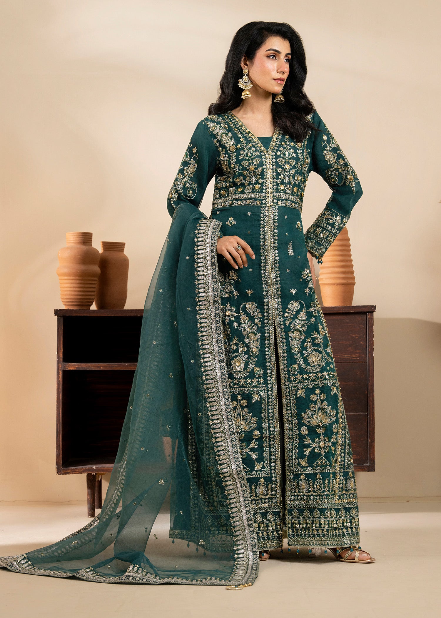 net Kurta Set in Pine green