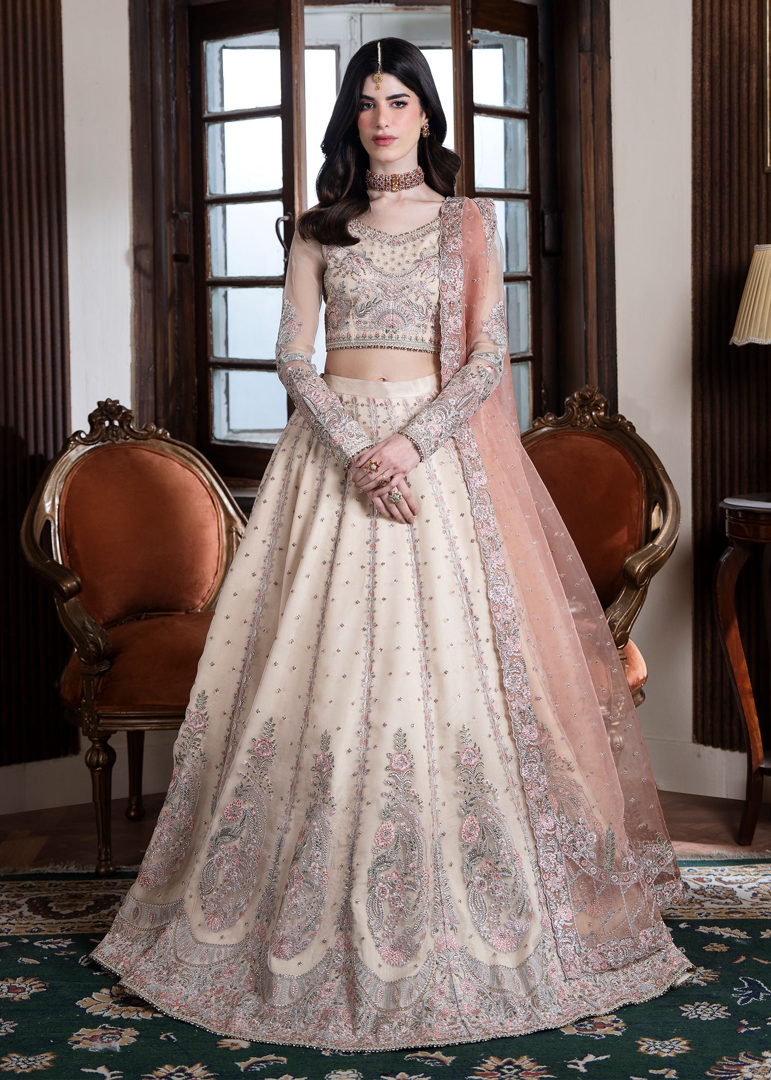 organza Lehenga in Beige