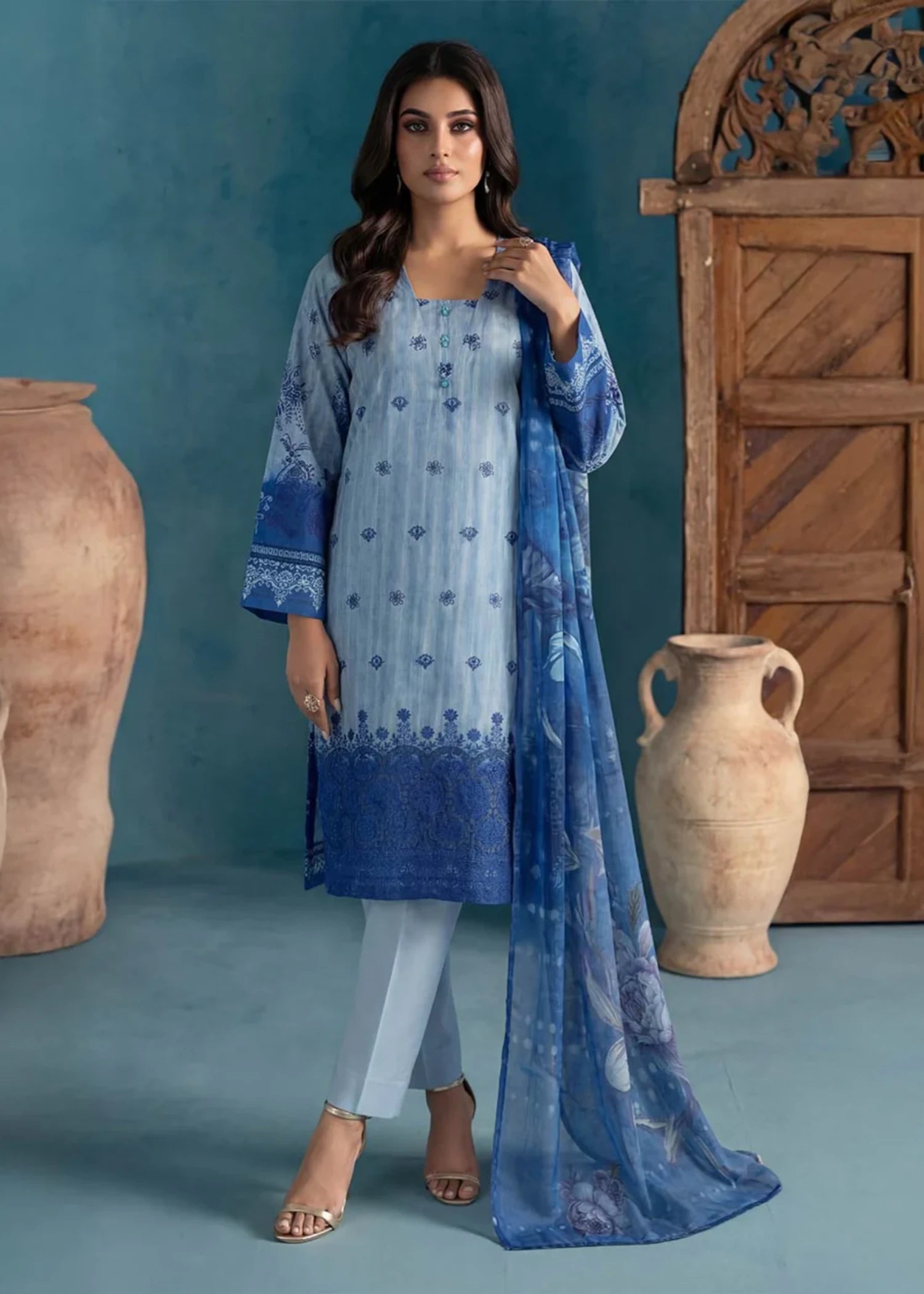 lawn Unstitched in Light blue, royal blue