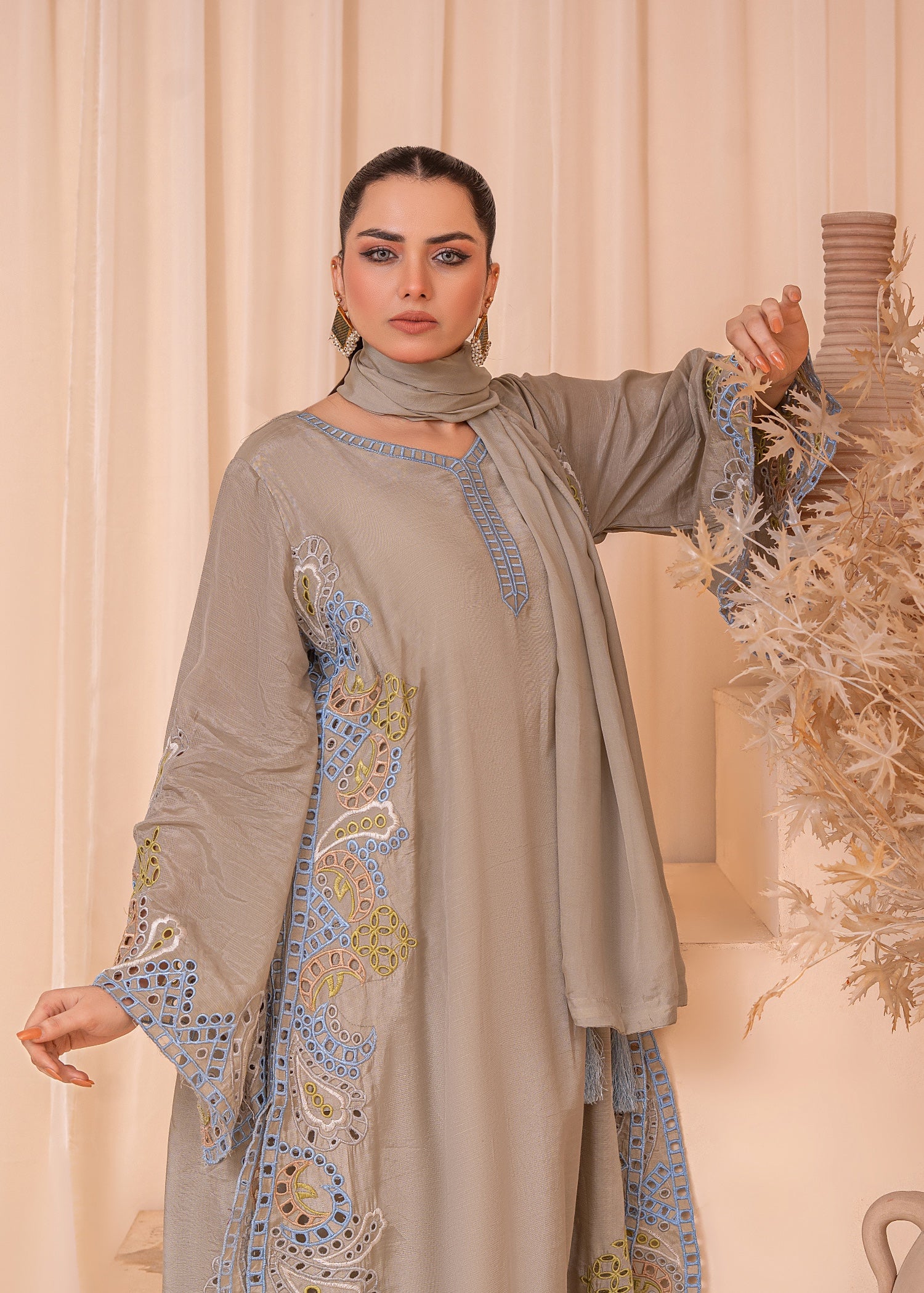raw silk Kaftan in Grey, sky blue