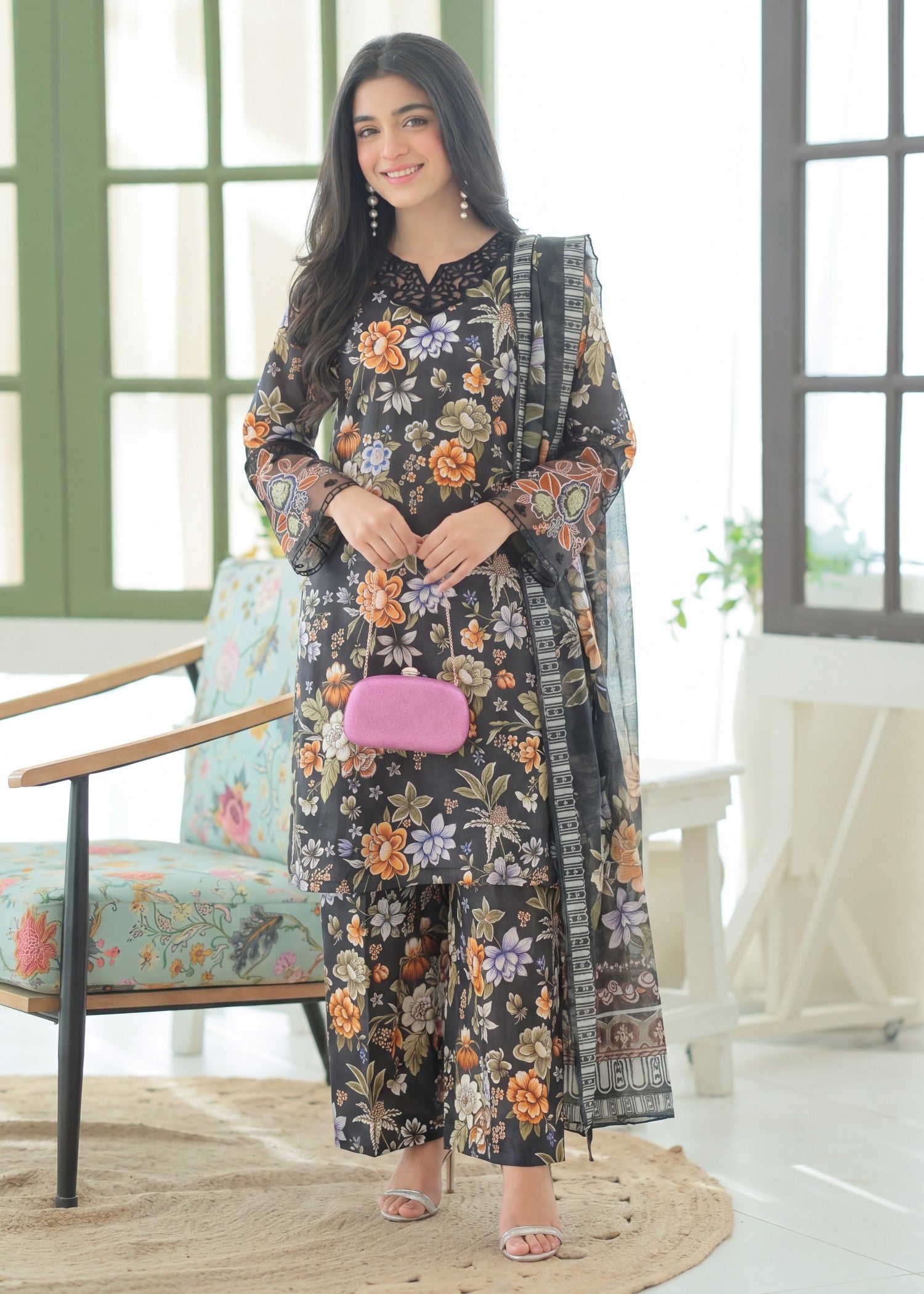 textured lawn Kurta Set in Iron grey
