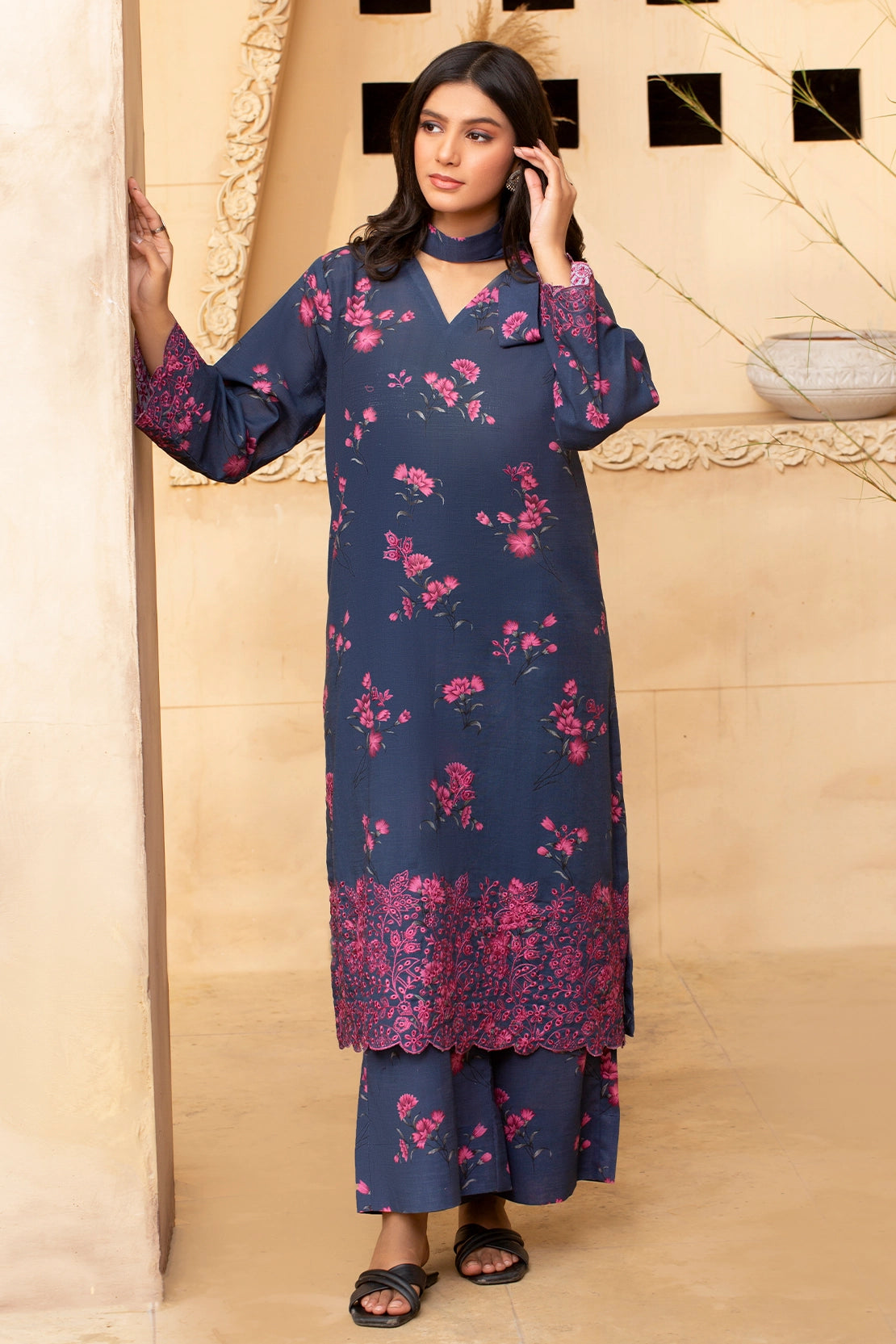 twill khaddar Unstitched in Navy blue