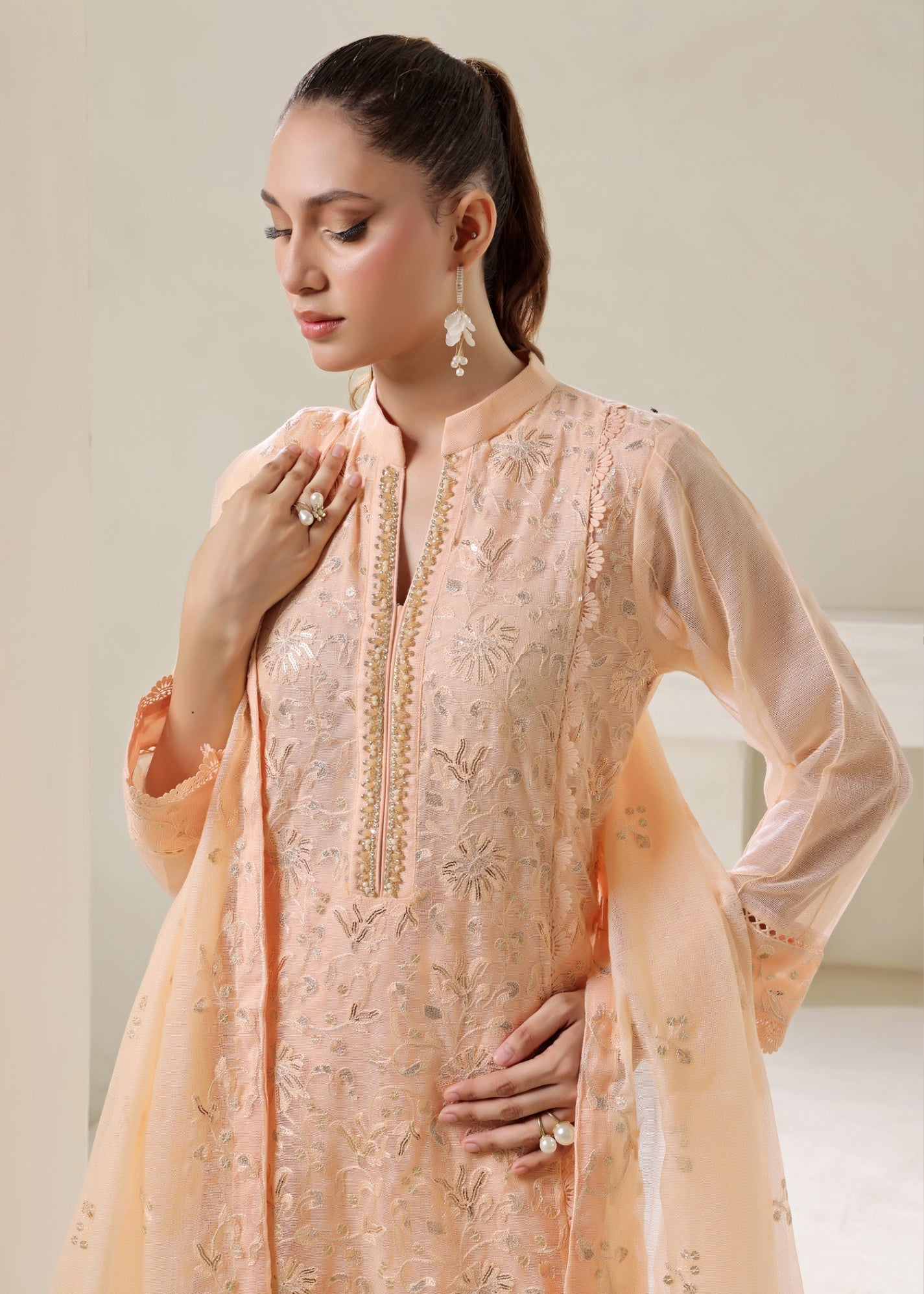 silk cotton net Kurta Set in Peach orange