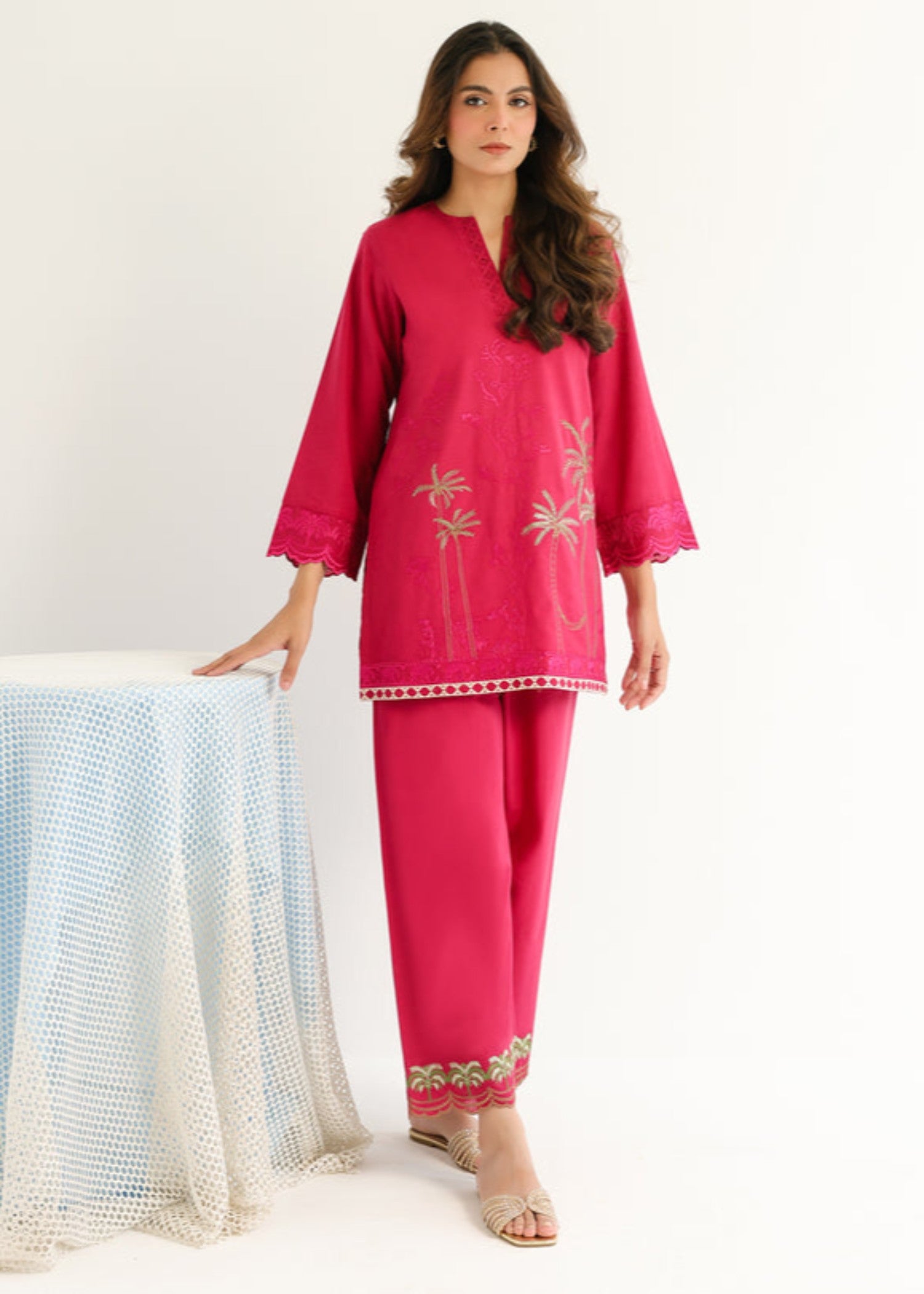 slub cambric Kurta Set in Hot pink
