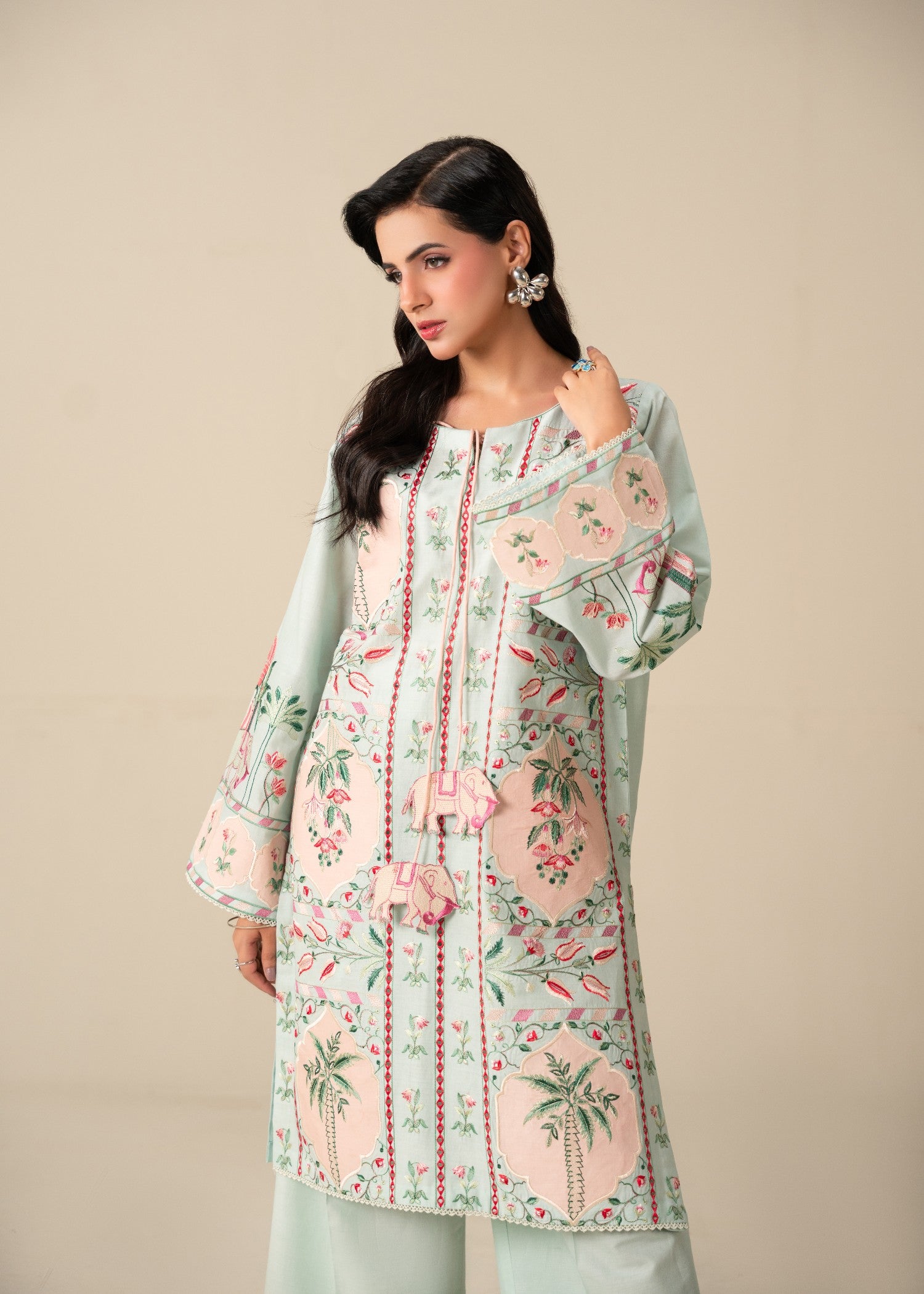 lawn Kurta Set in Peach pink, light cyan