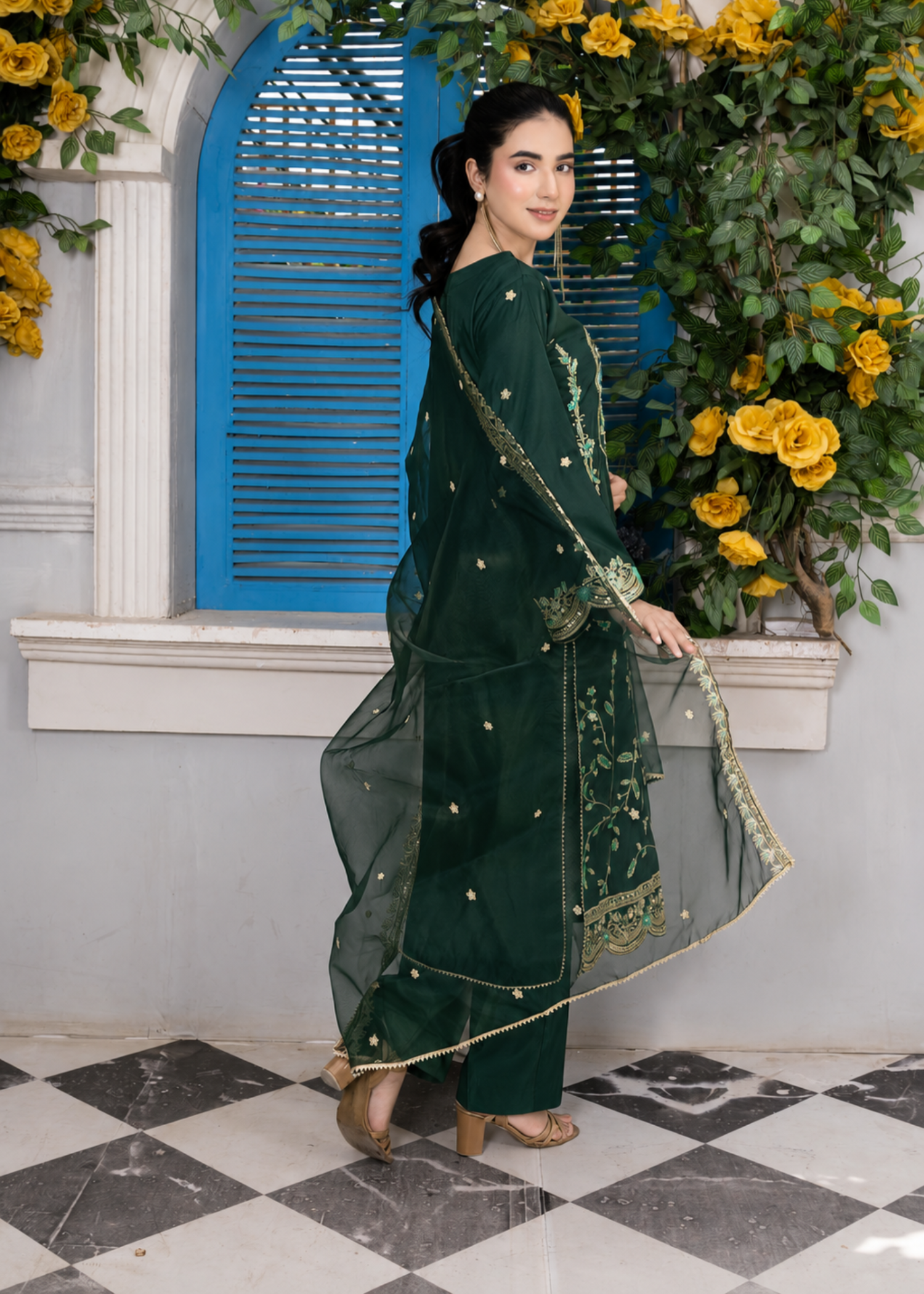 silk Kurta Set in Bottle green