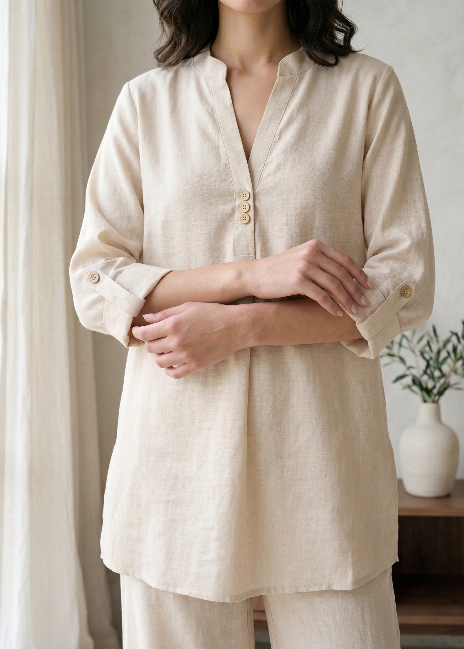 blended linen Co Ord Sets in Beige