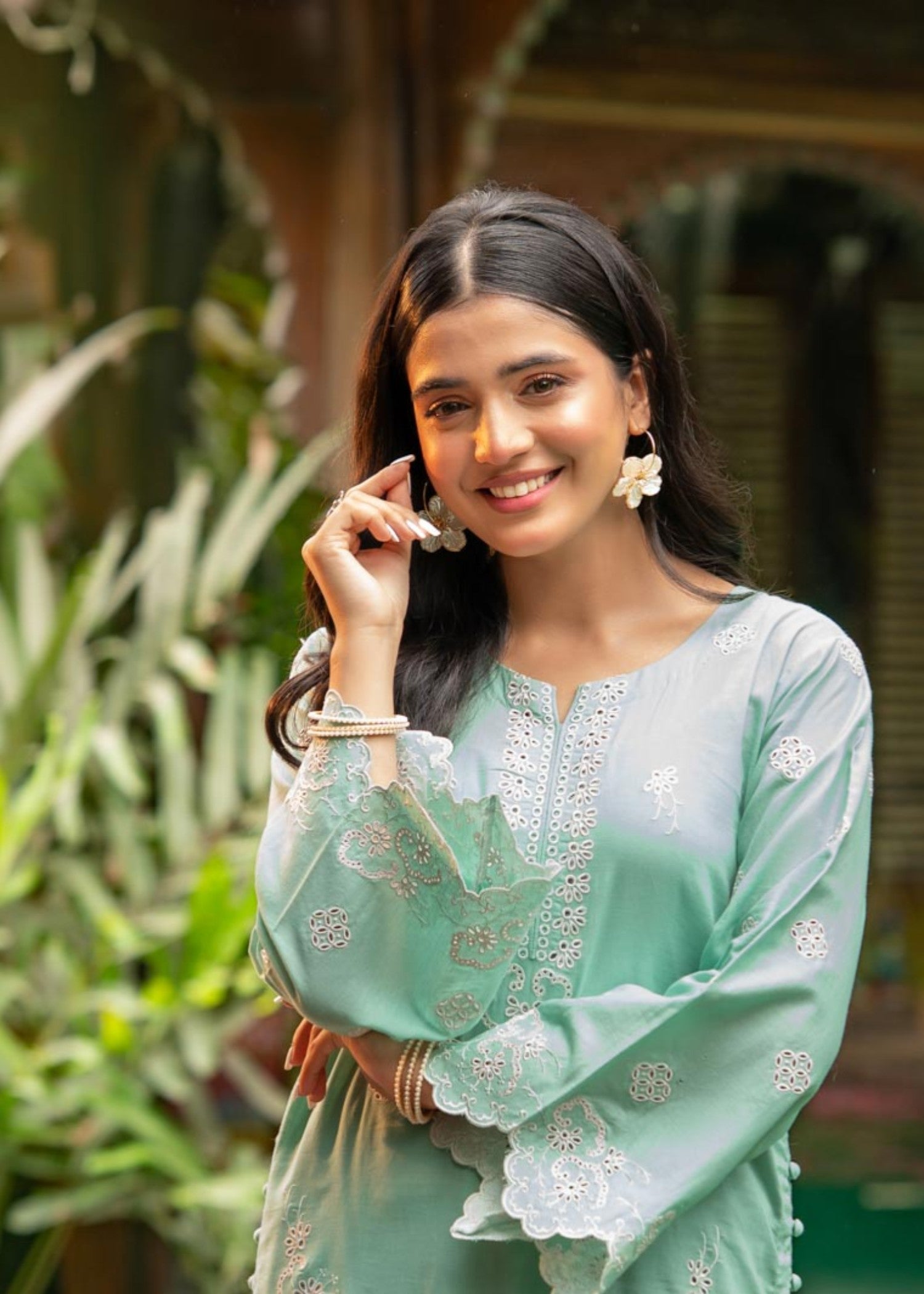 cambric Kurta Set in Pastel green