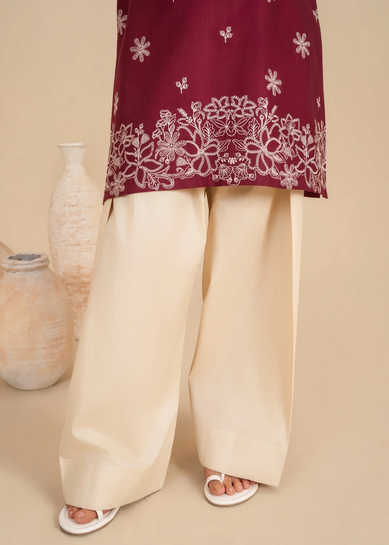 lawn Kurta Set in Beige, burgundy