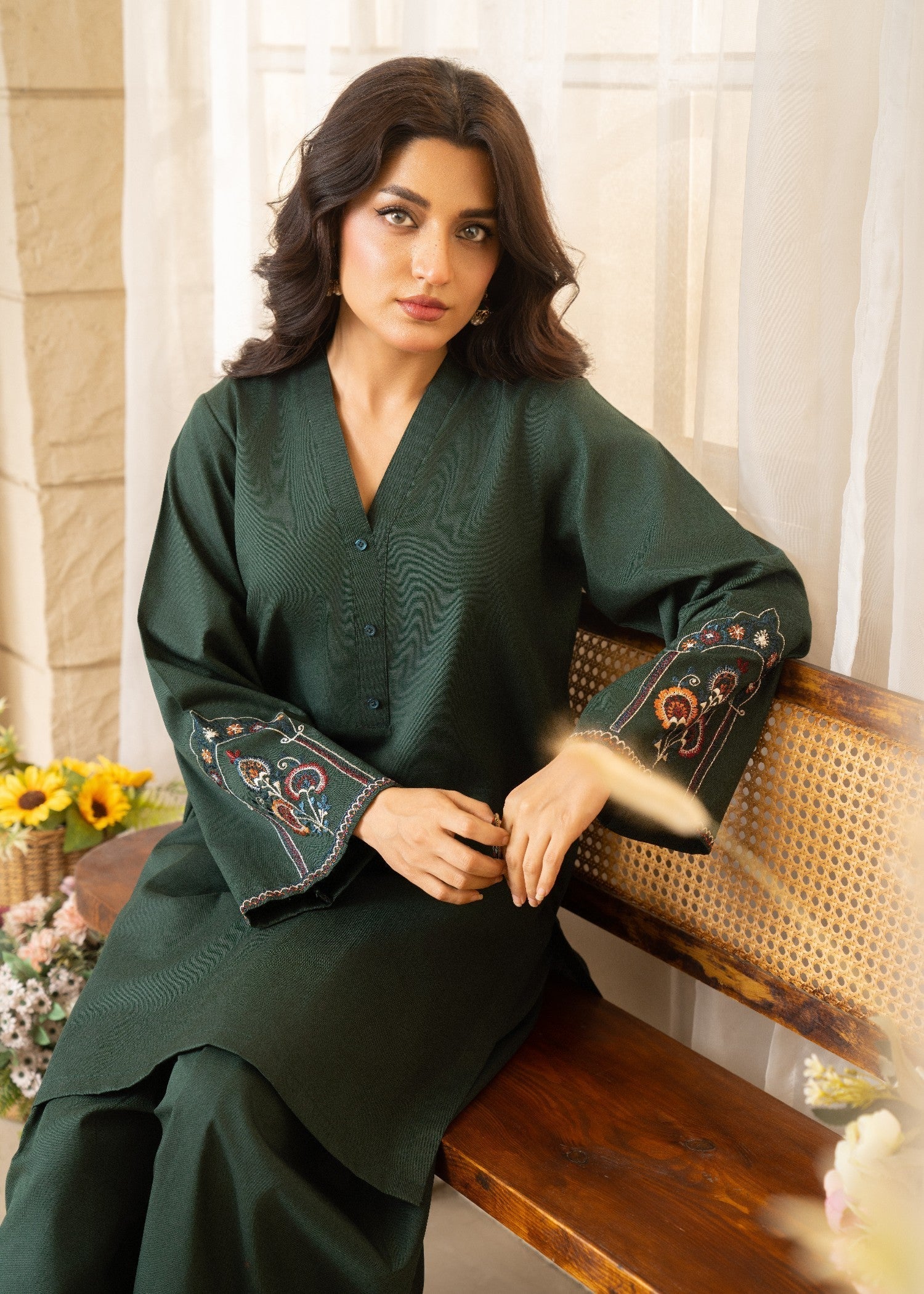 twill khaddar Kurta Set in Dark green