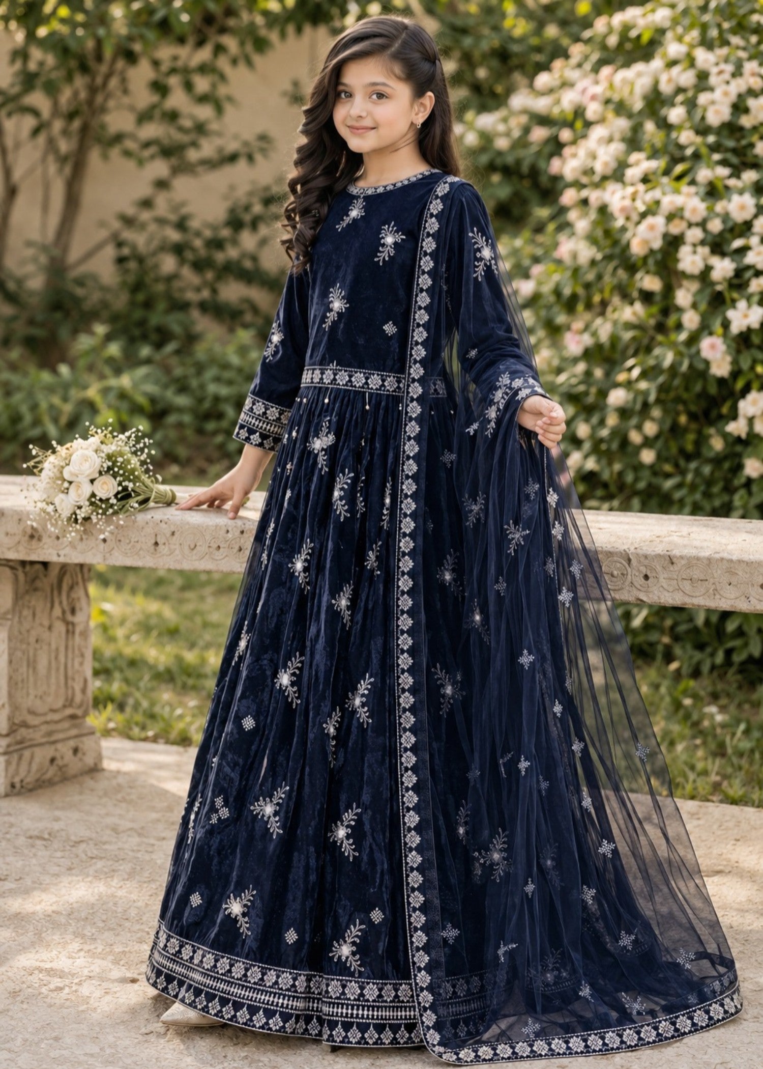 net Lehenga in Navy blue