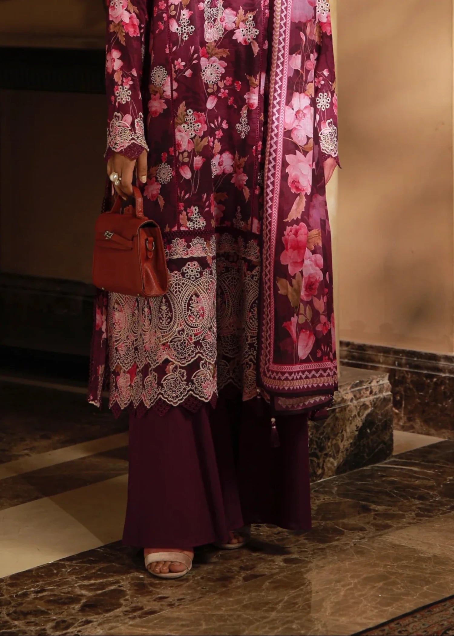 zari lawn Unstitched in Maroon
