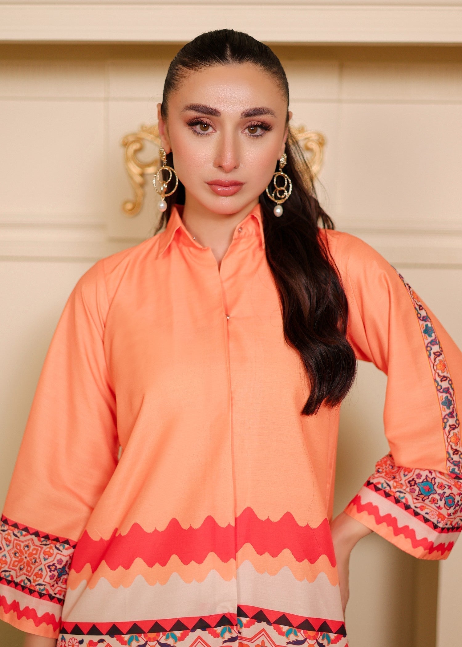 cambric Kurta Set in Peach orange