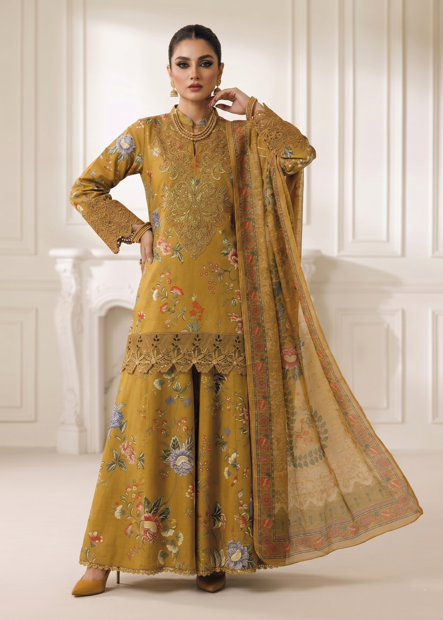 lawn Sharara in Mustard