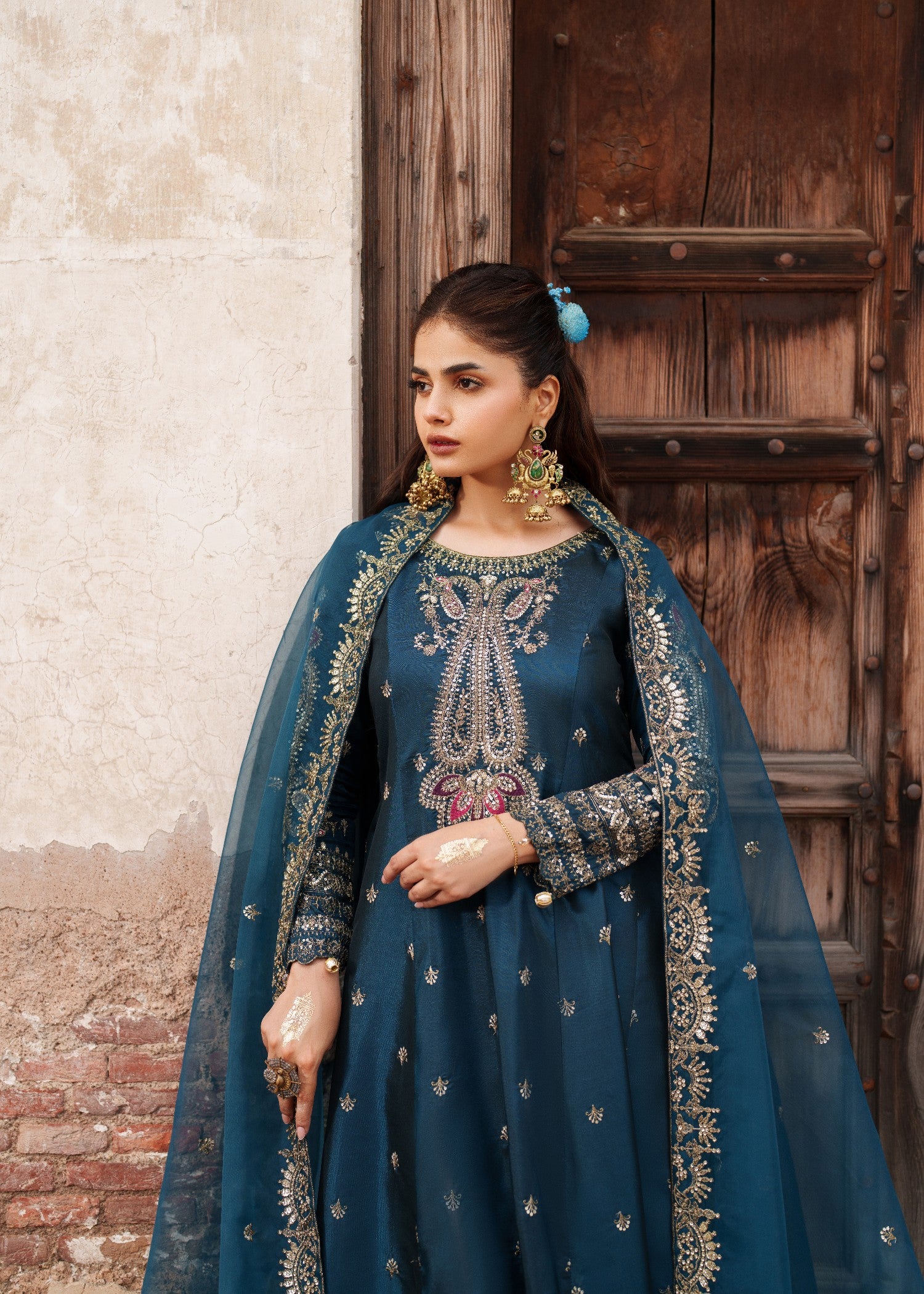 kattan silk Anarkali in Teal