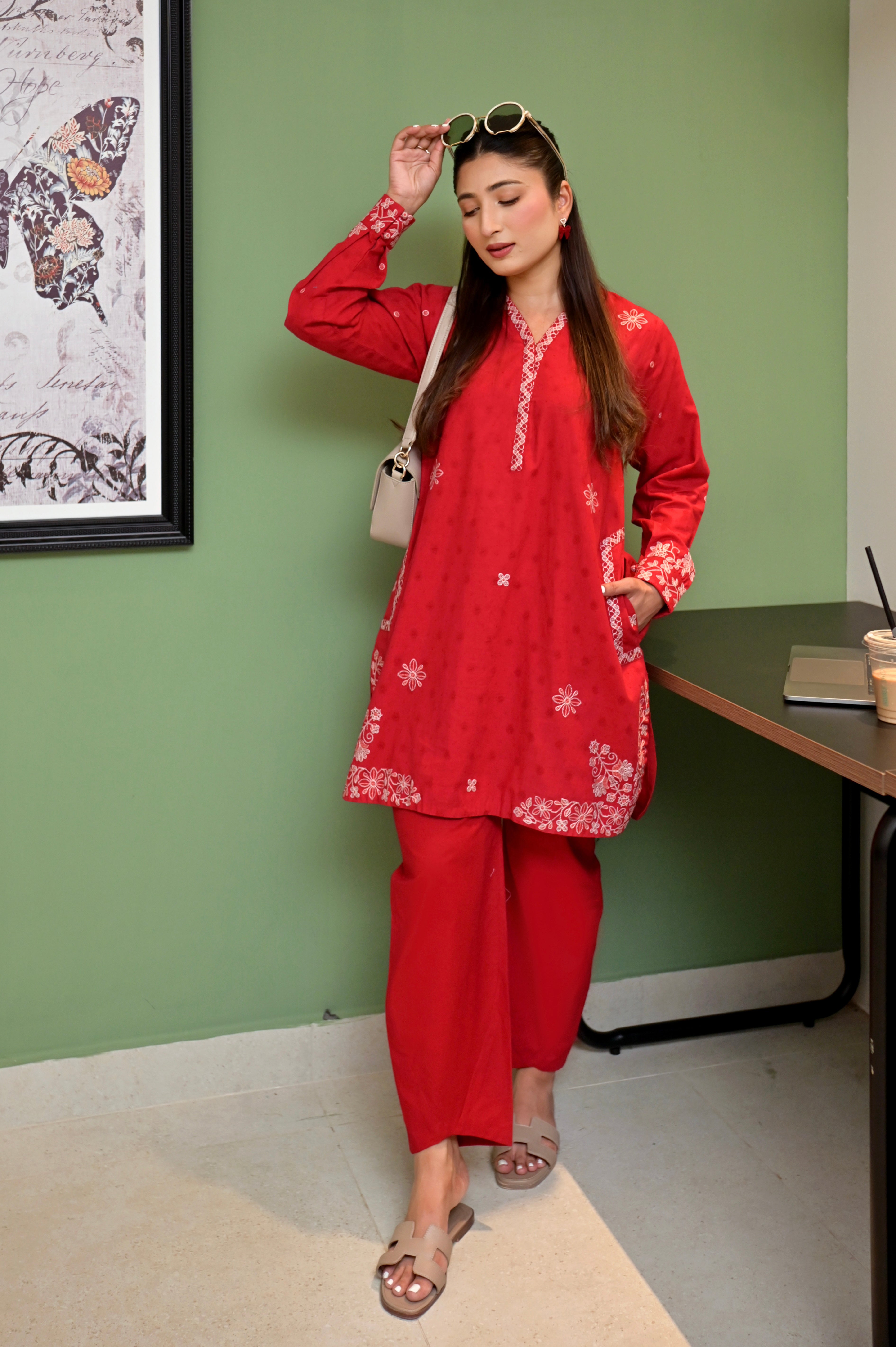 jacquard Kurti in Red