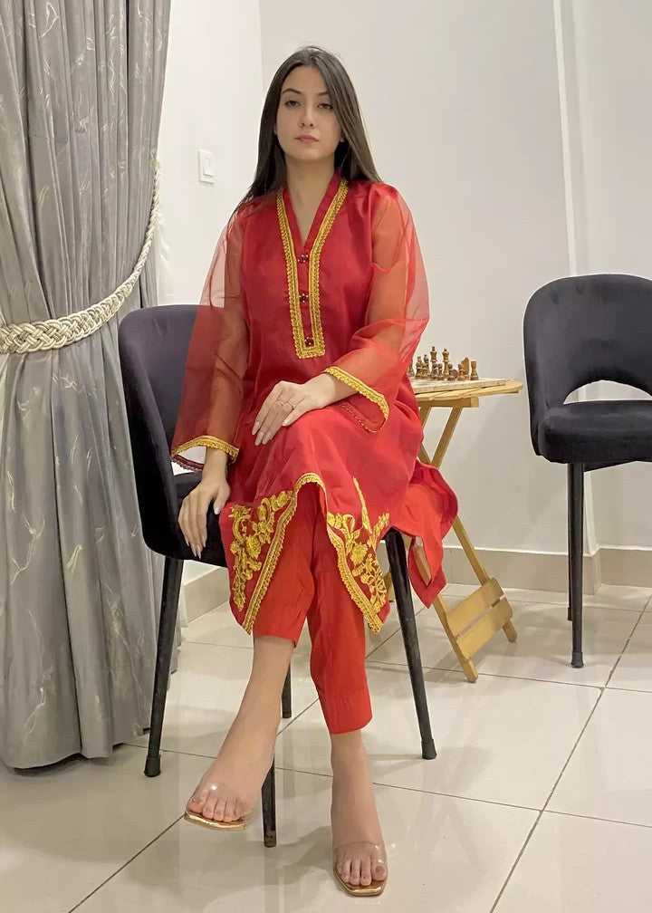 cotton net Kurta Set in Red