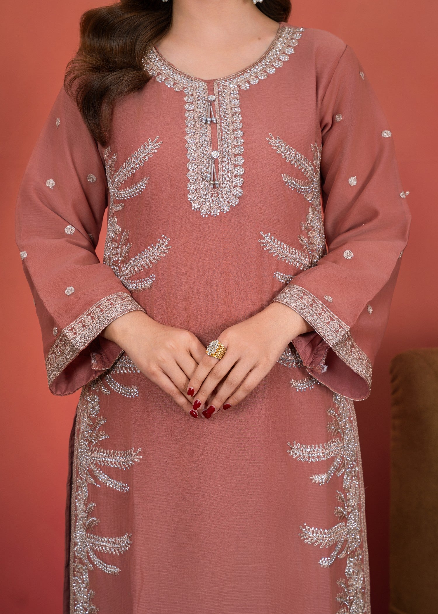 chiffon Kurta Set in Melon pink