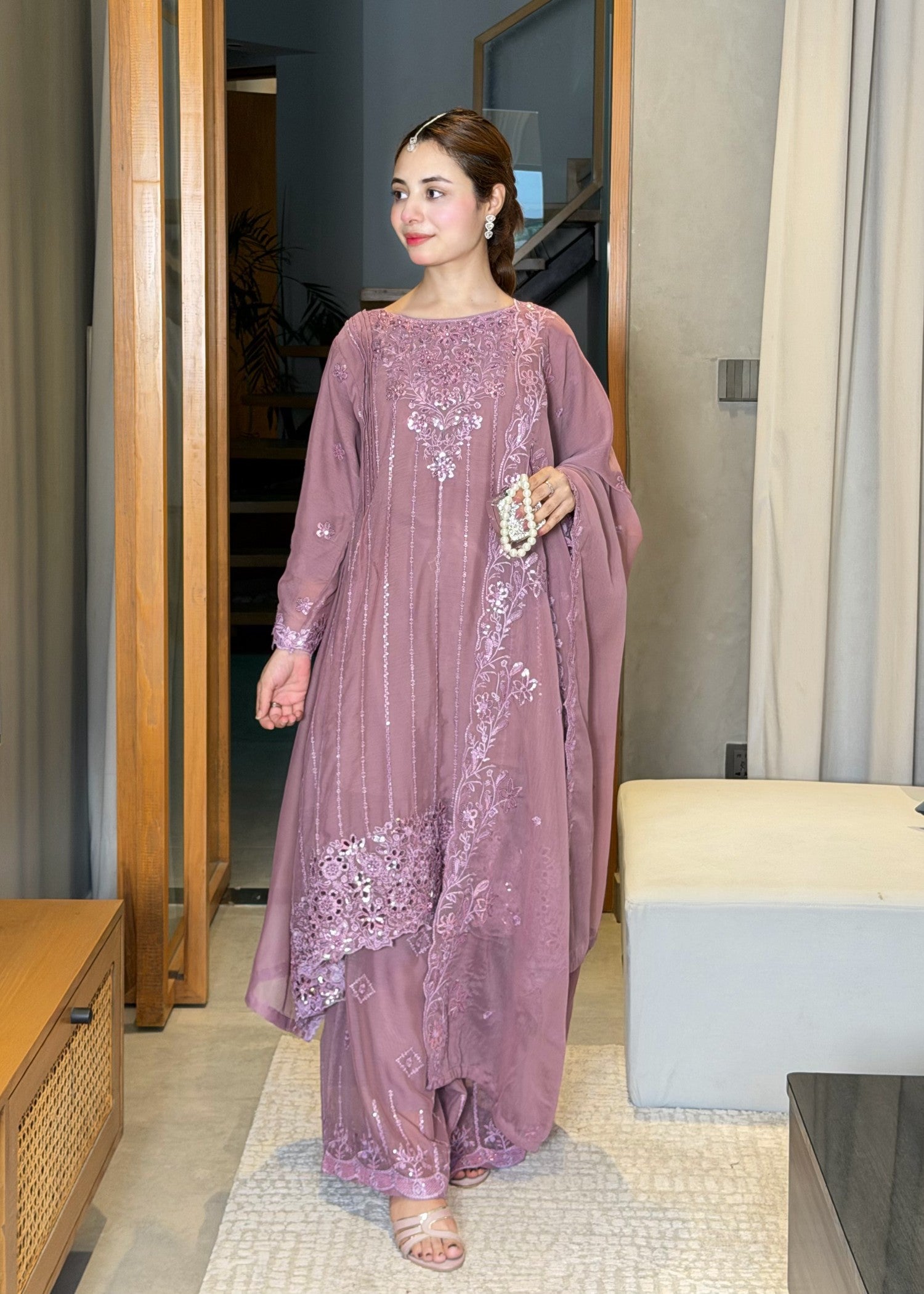 chiffon Short Frock in Lavender pink