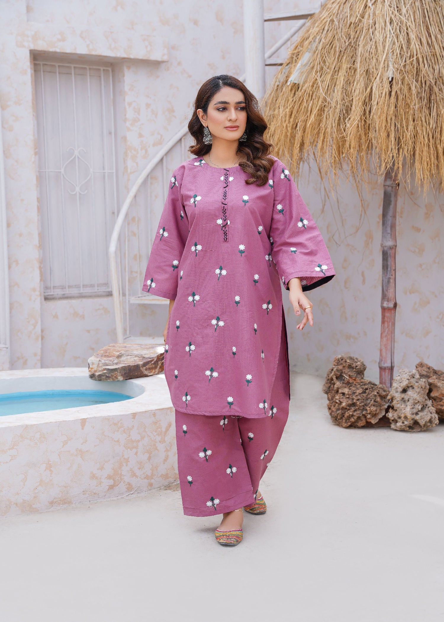 cotton dobby Kurta Set in Mauve pink