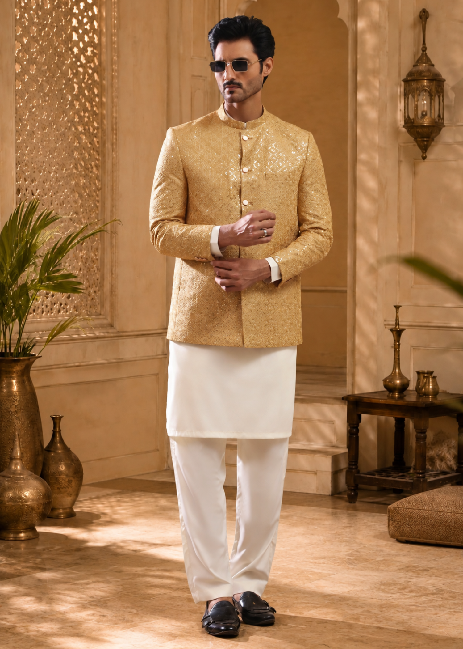 jamawar Prince Coat in Gold