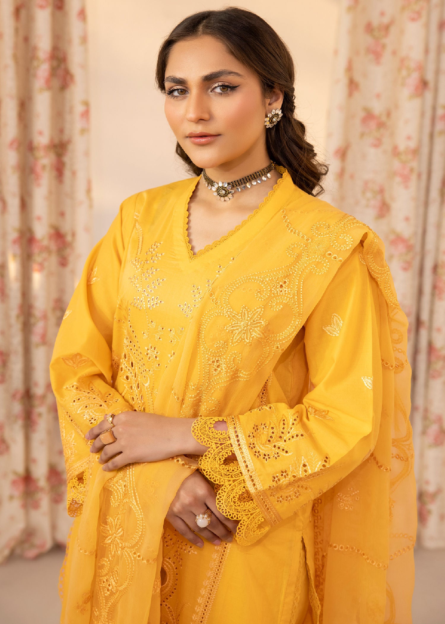 chikankari cotton Unstitched in Yellow