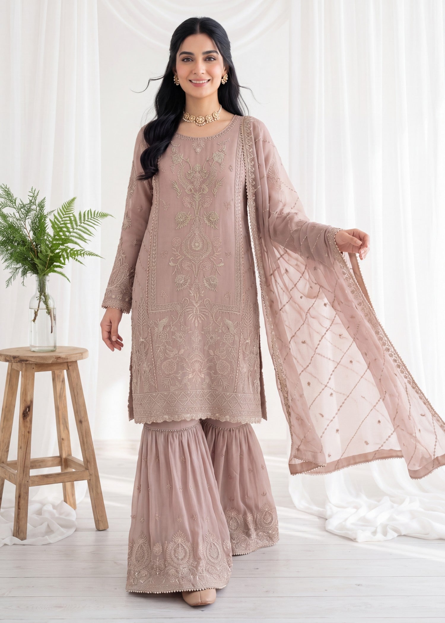 pk crinkle chiffon Gharara in Rose pink