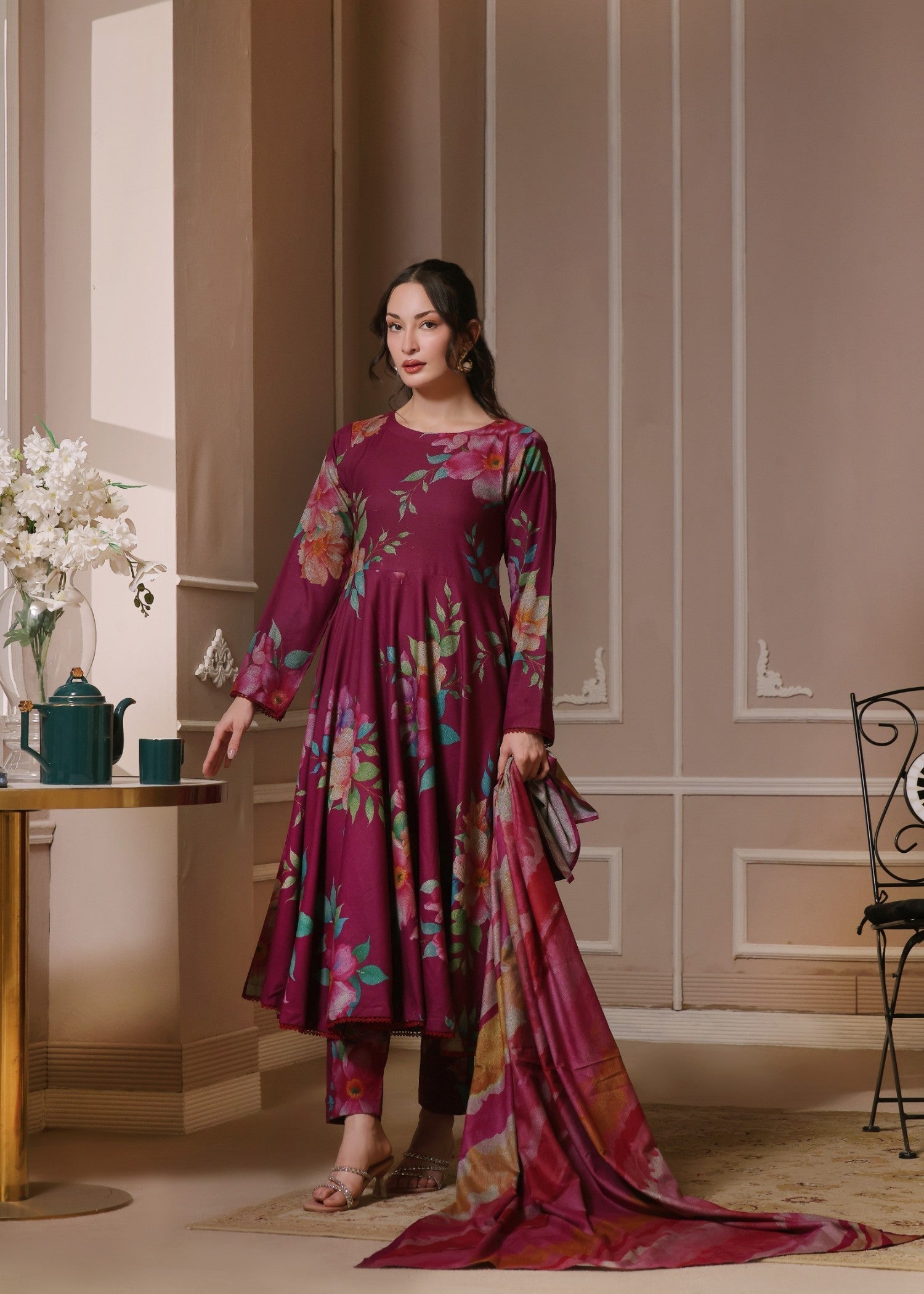twill khaddar Unstitched in Burgundy