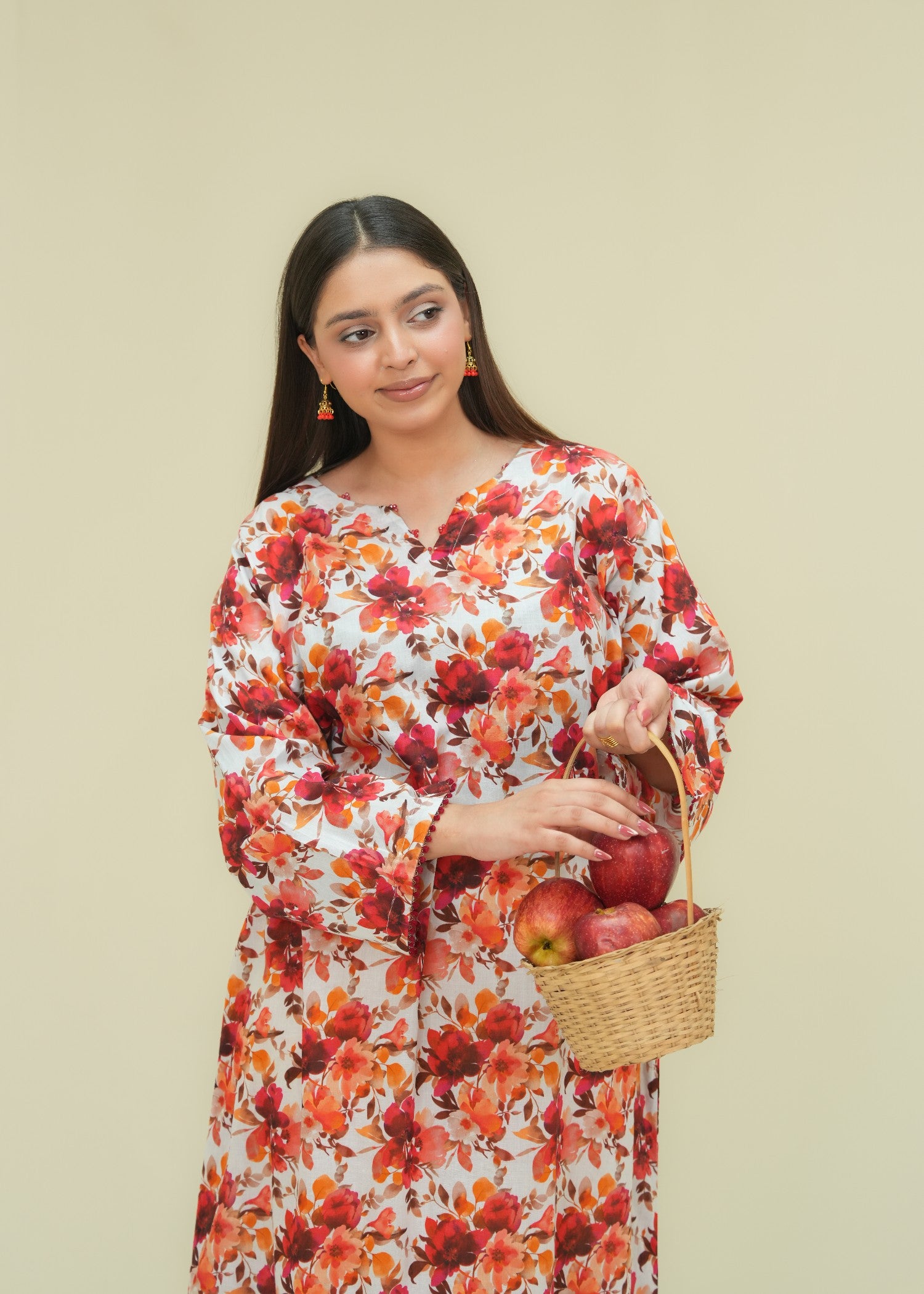 lawn Kaftan in Off-white, mari gold, rose red