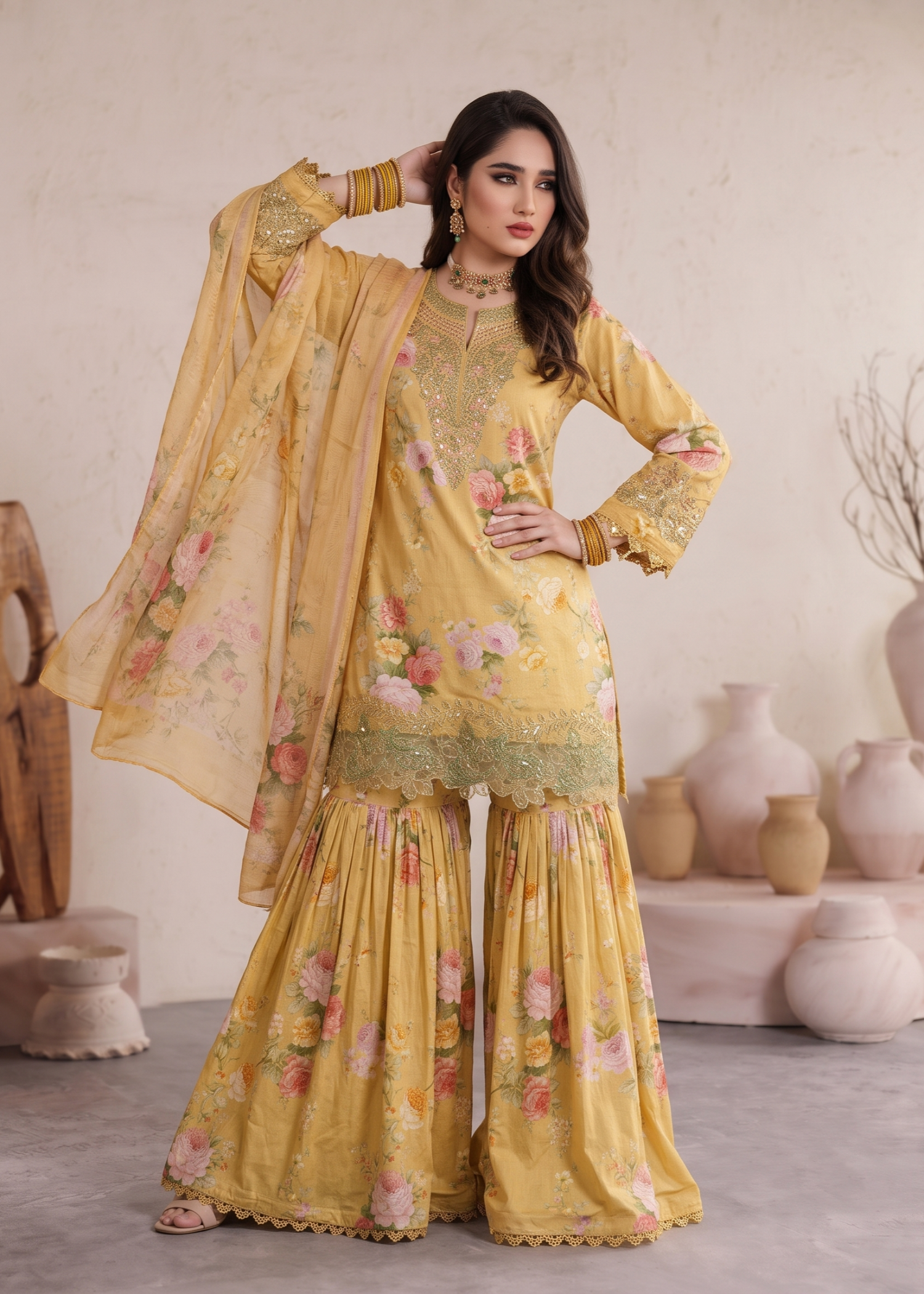 lawn Gharara in Yellow