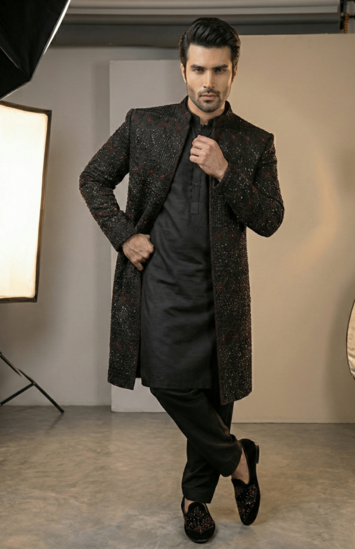 silk Sherwani in Black, gold, maroon